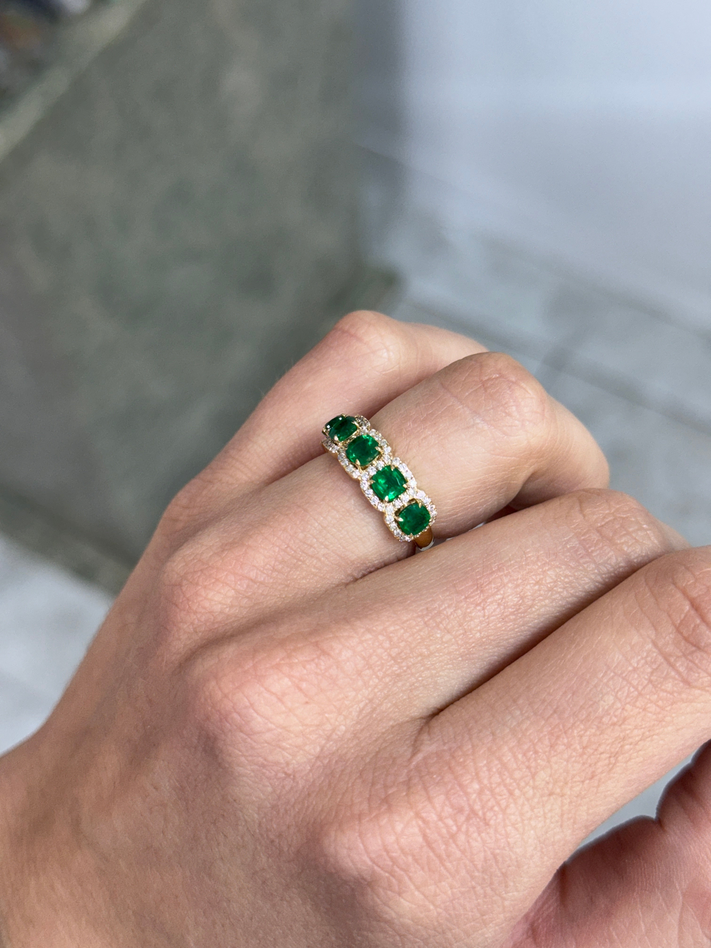 1.85tcw AAA+ Natural Cushion Cut Emerald & Diamond Wedding Band 18K