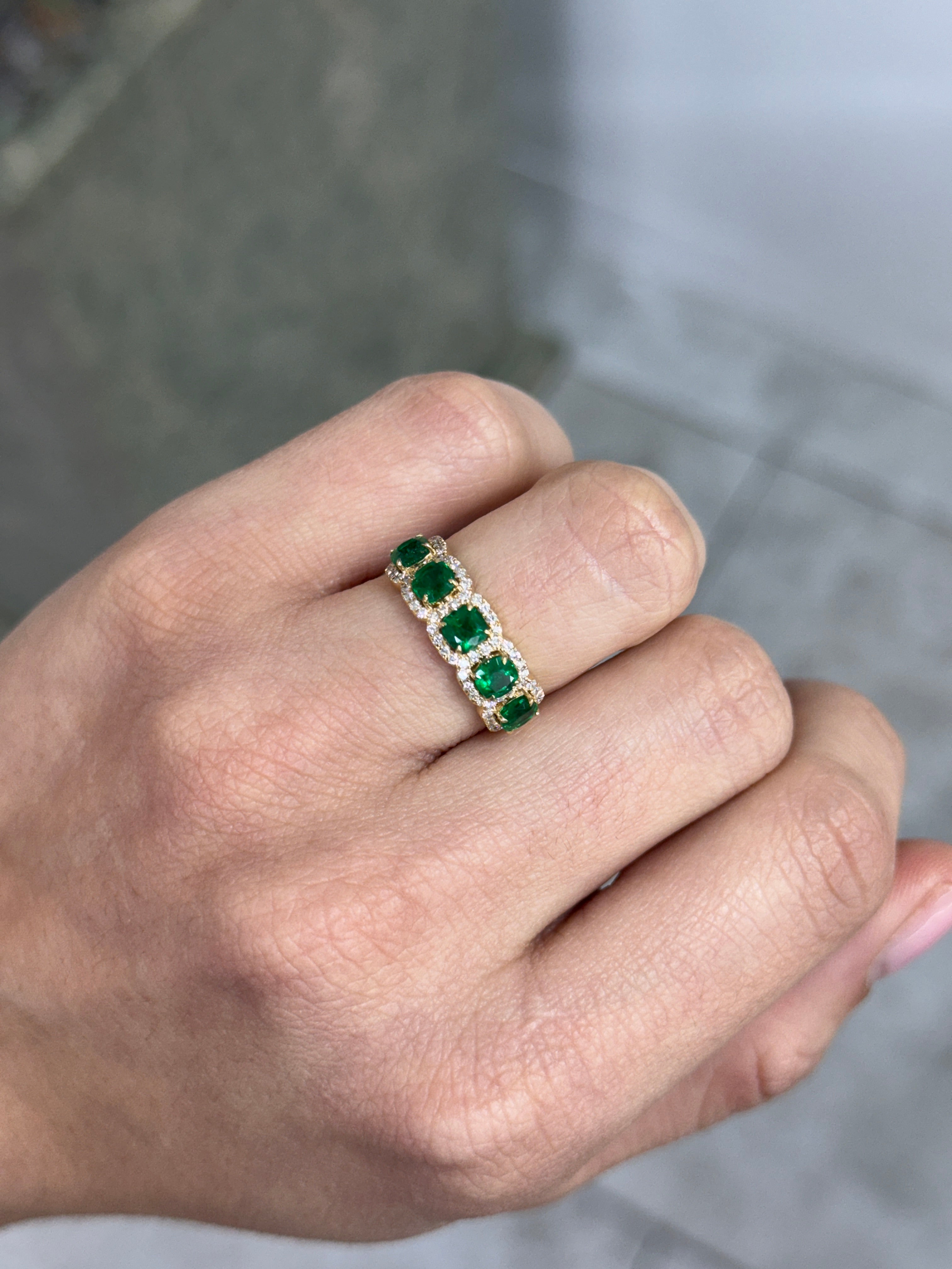 1.85tcw AAA+ Natural Cushion Cut Emerald & Diamond Wedding Band 18K