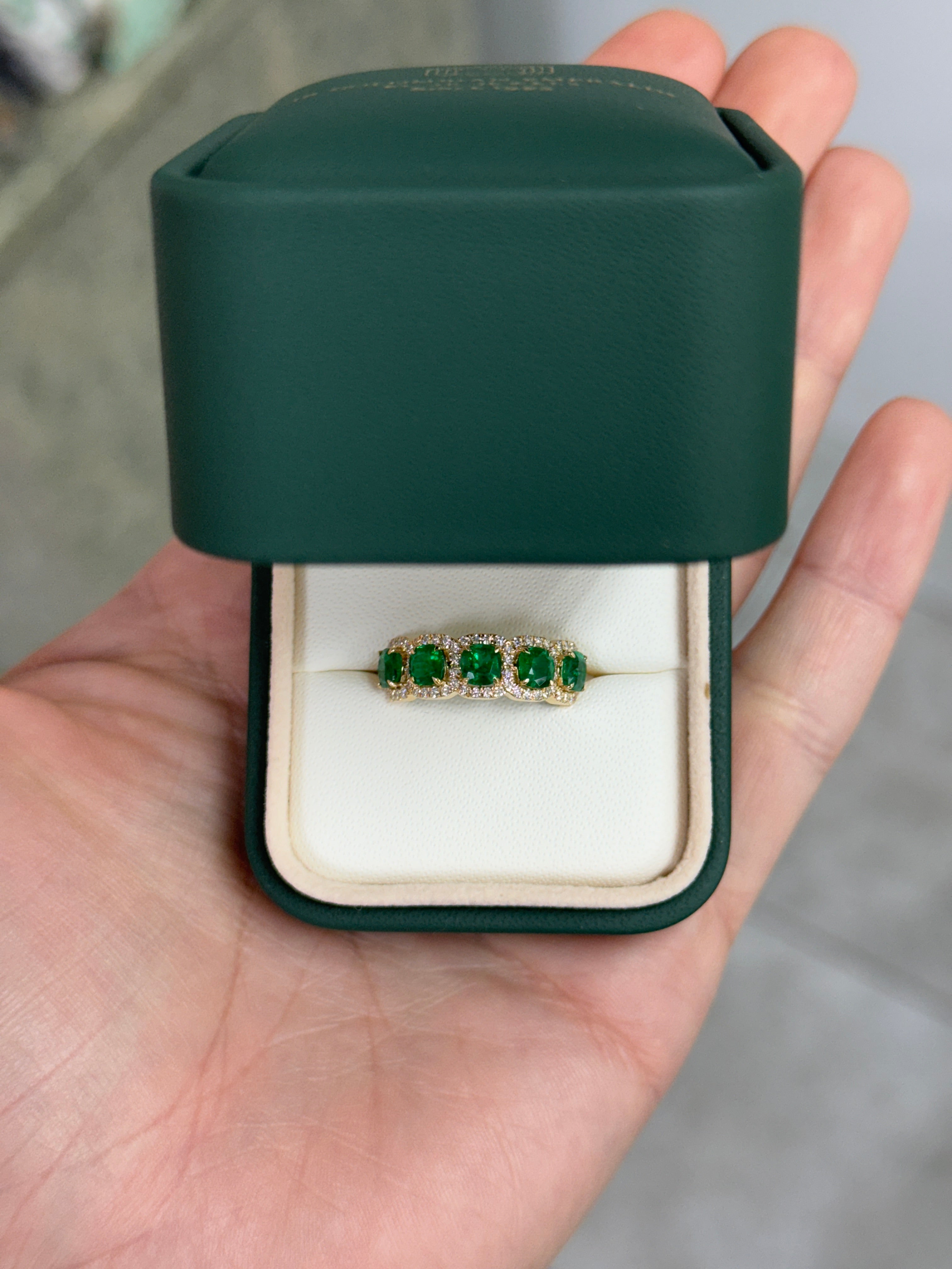 1.85tcw AAA+ Natural Cushion Cut Emerald & Diamond Wedding Band 18K