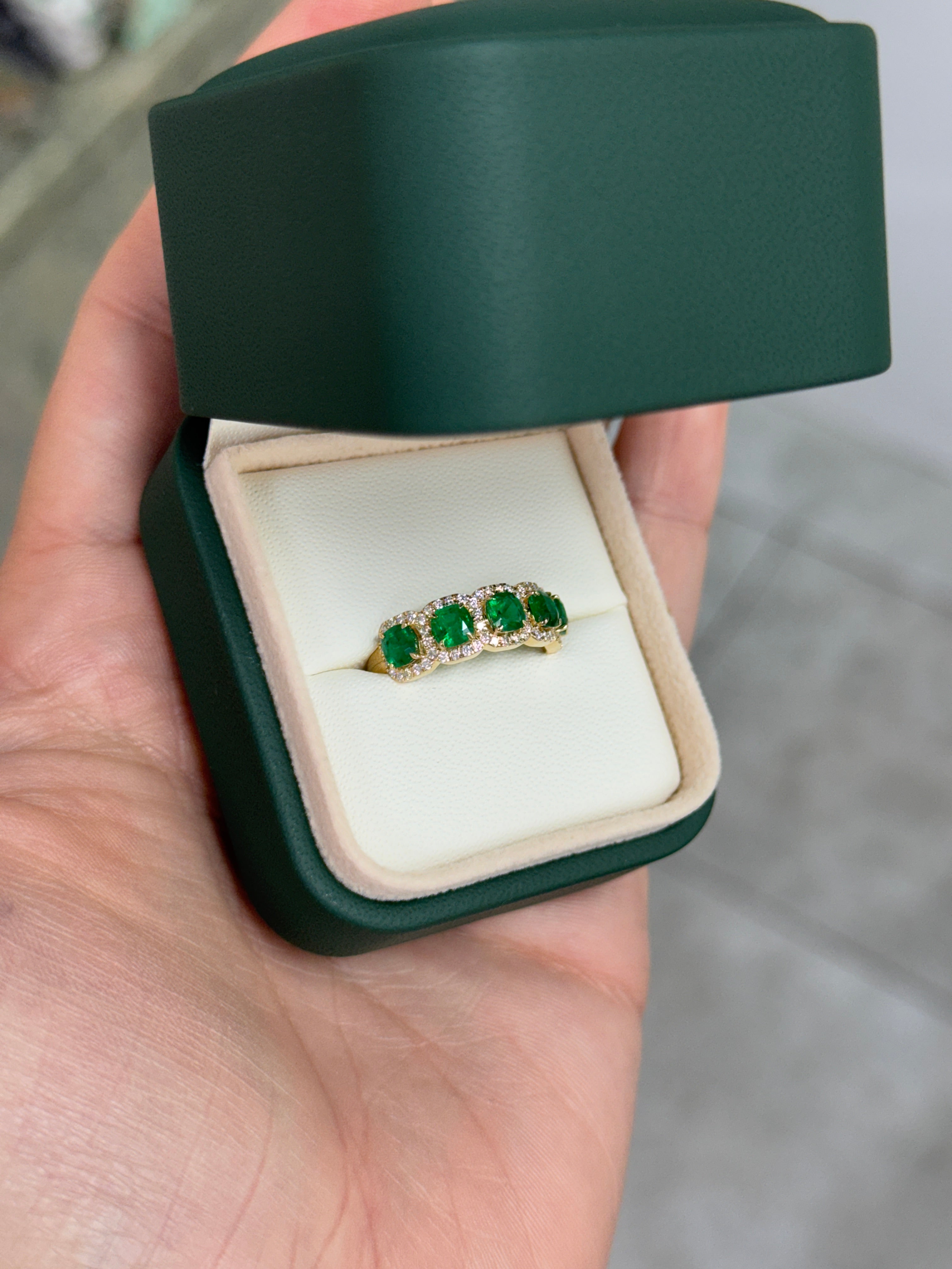 1.85tcw AAA+ Natural Cushion Cut Emerald & Diamond Wedding Band 18K