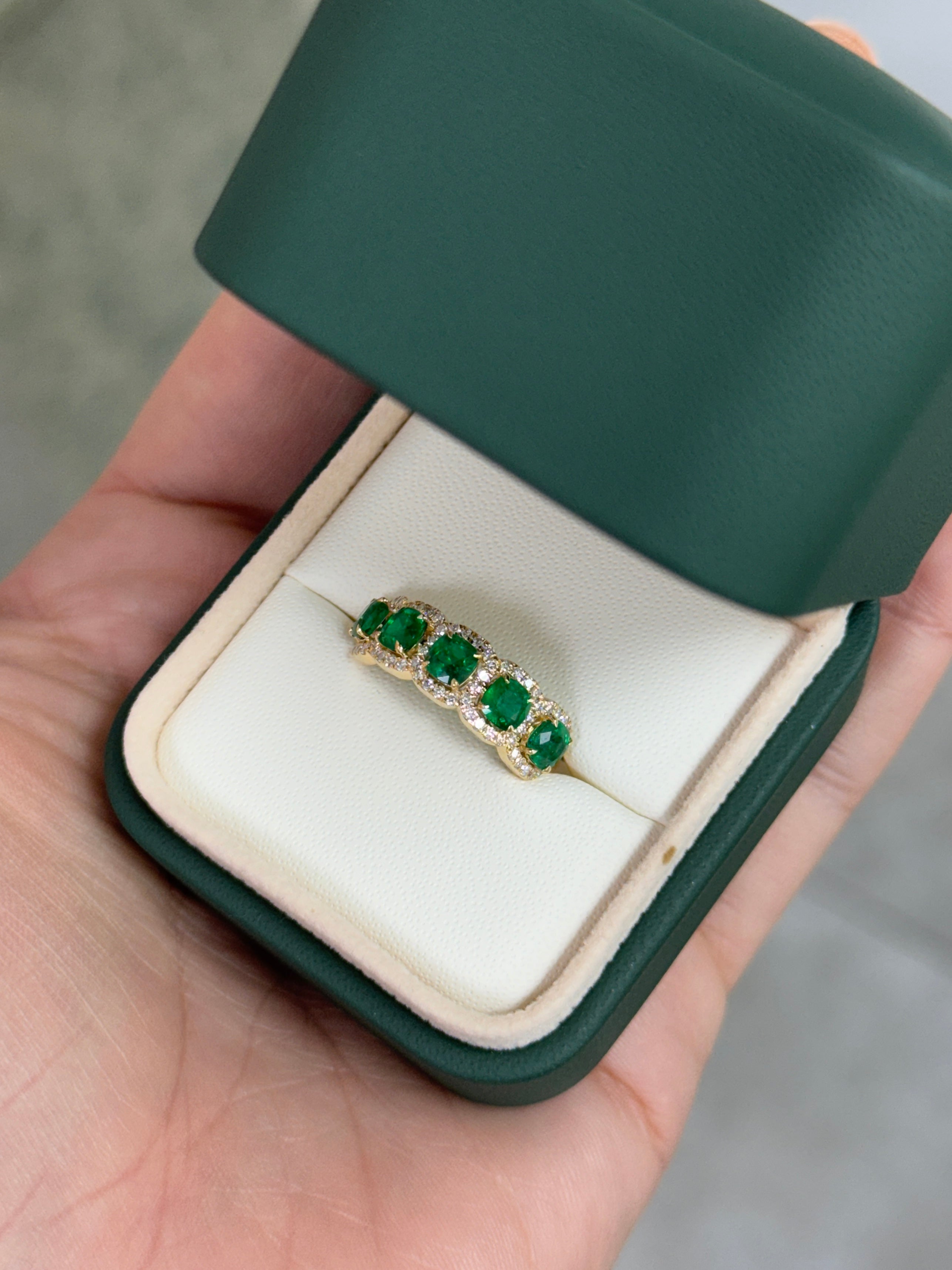 1.85tcw AAA+ Natural Cushion Cut Emerald & Diamond Wedding Band 18K