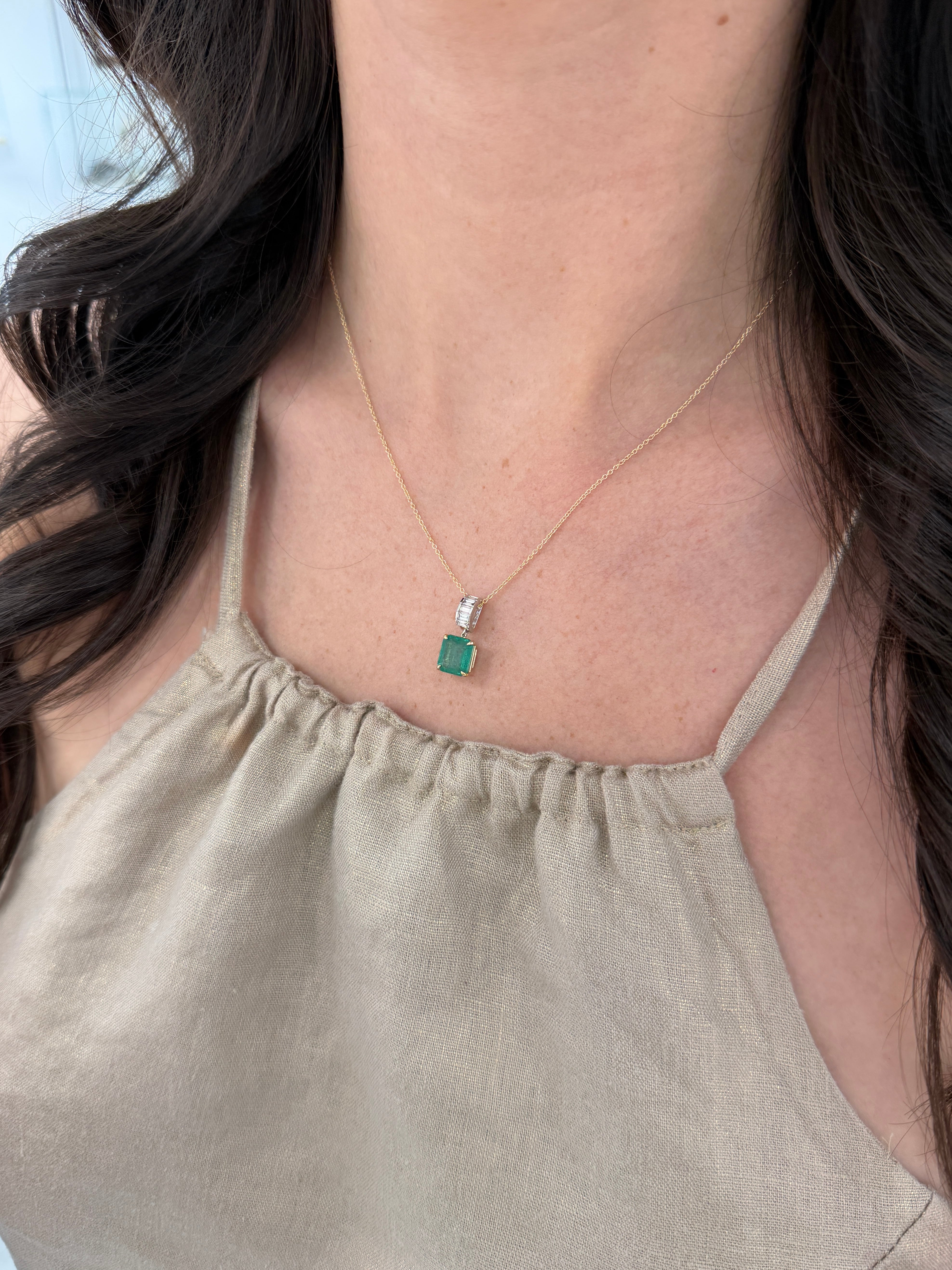 Asscher cut emerald and lab diamond baguette bail pendant in 14K gold, featuring 3.05tcw, by JR Colombian Emeralds.