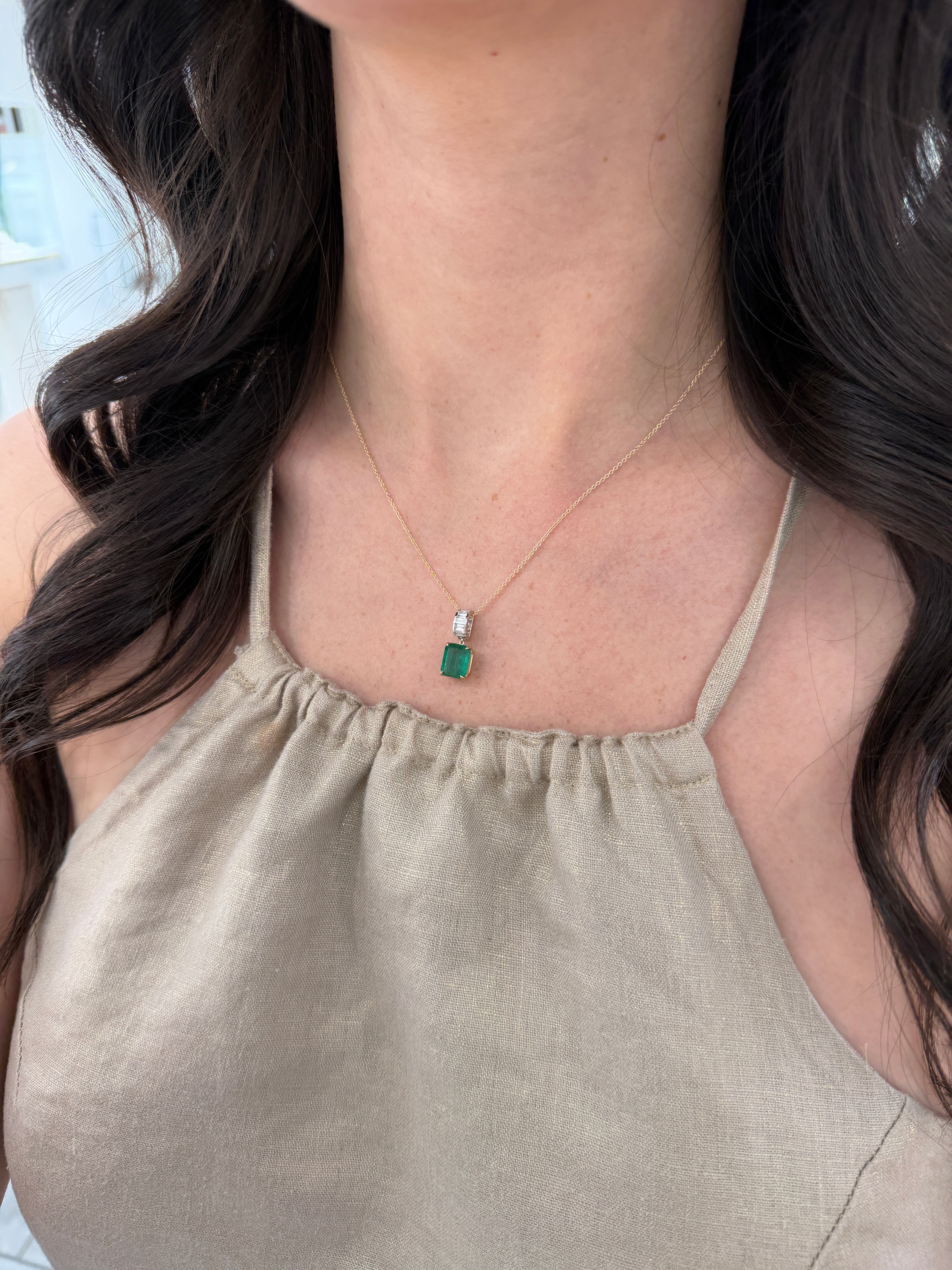 Natural emerald and lab diamond baguette bail pendant in 14K gold with 3.57tcw, featuring a classic design by JR Colombian Emeralds.