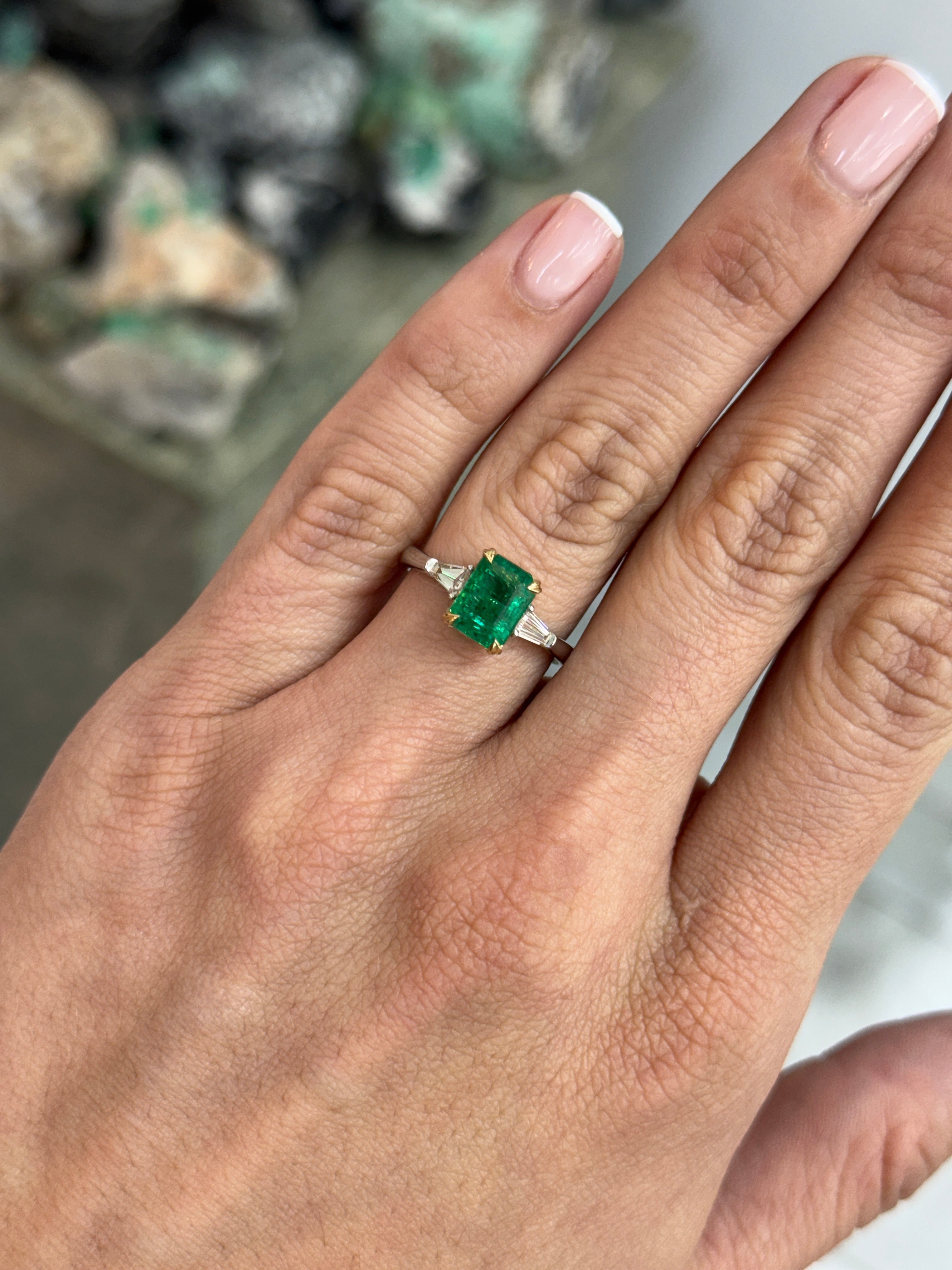 2.75tcw 14K/PLAT Natural Emerald Cut Emerald & Tapered Baguette Diamond Three Stone Engagement Ring