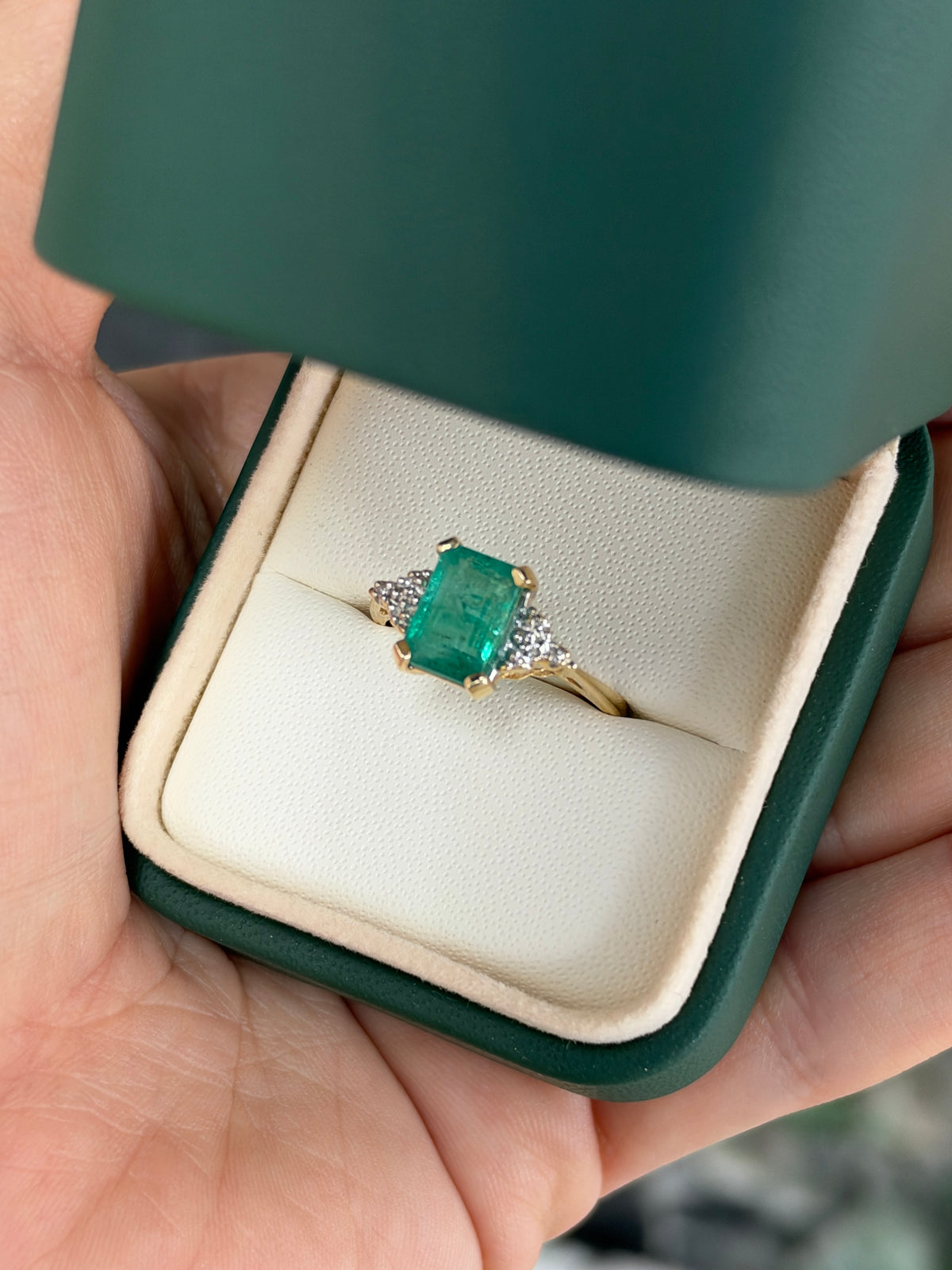 2.95tcw 14K Natural Bluish Undertoned Emerald Cut Emerald & Diamond Accent Seven Stone Ring