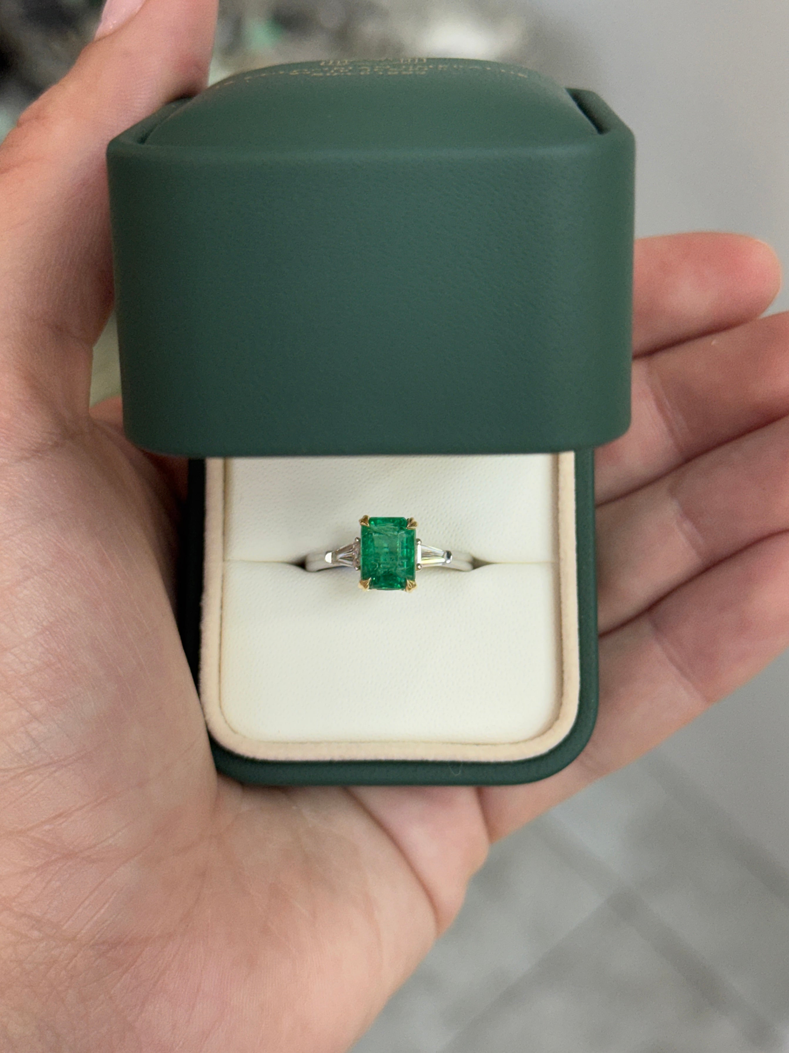 2.75tcw 14K/PLAT Natural Emerald Cut Emerald & Tapered Baguette Diamond Three Stone Engagement Ring