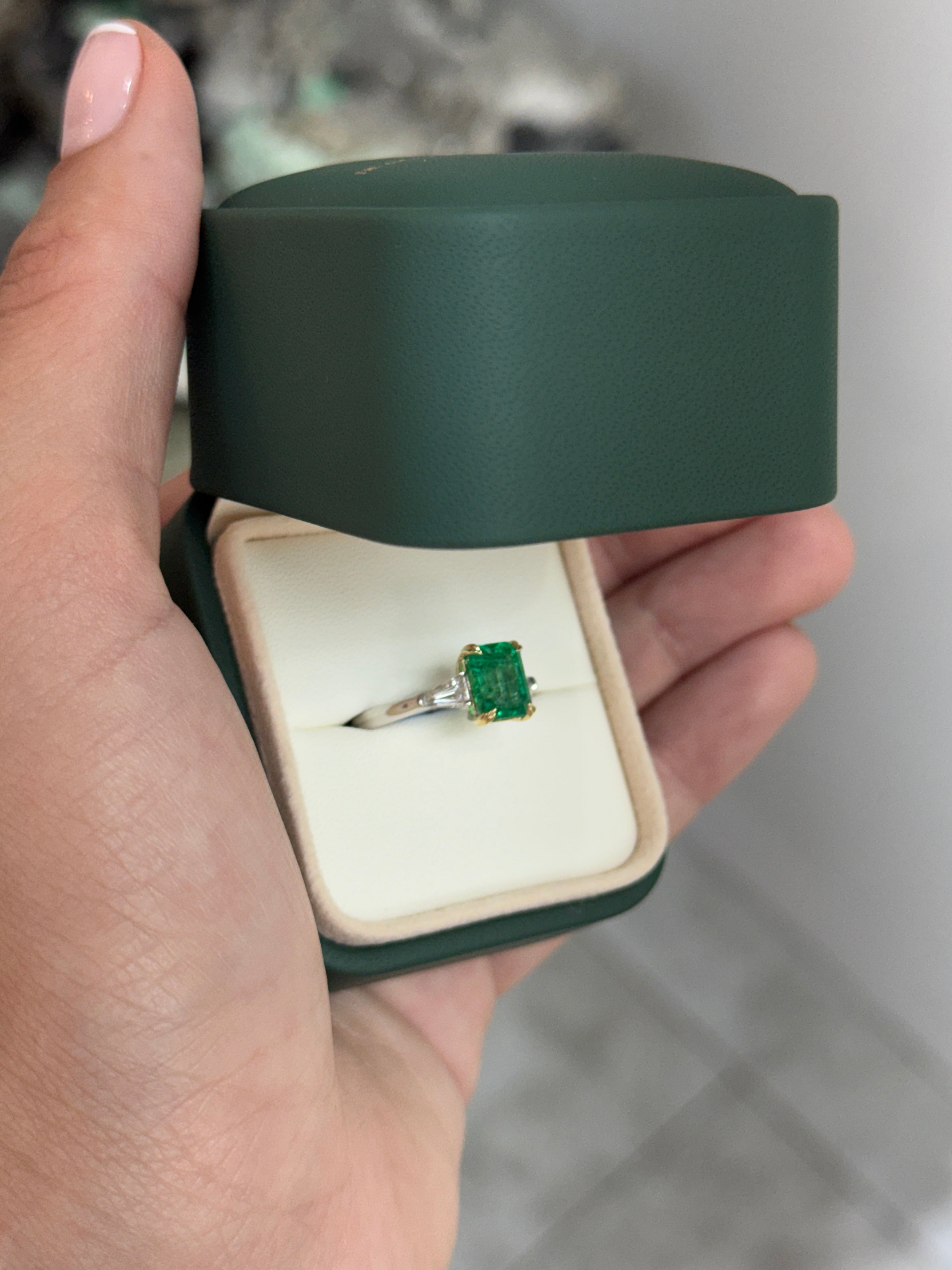 2.75tcw 14K/PLAT Natural Emerald Cut Emerald & Tapered Baguette Diamond Three Stone Engagement Ring