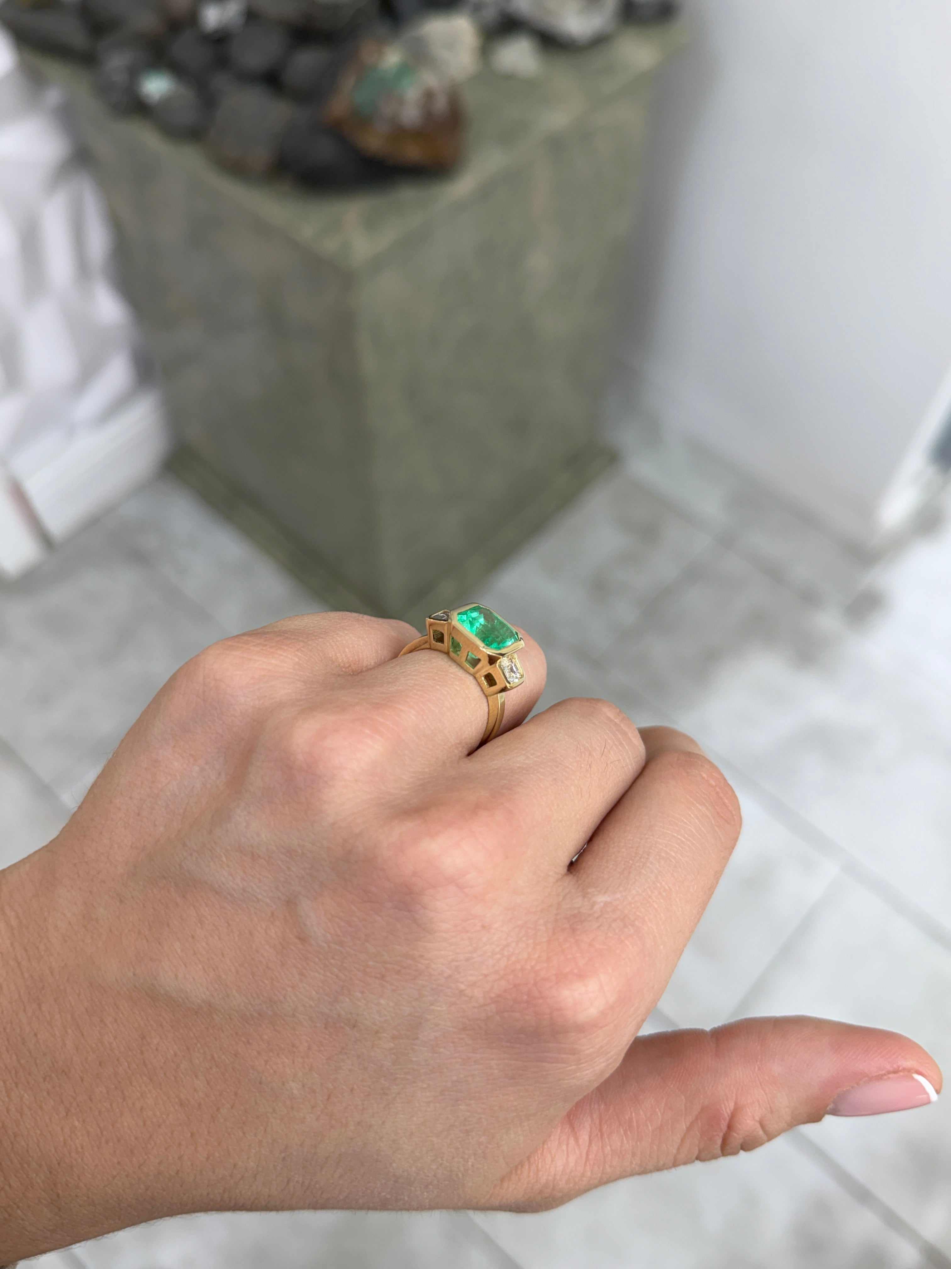 4.68tcw Bezel Set Three Stone Asscher Cut Emerald & Emerald Cut Diamon