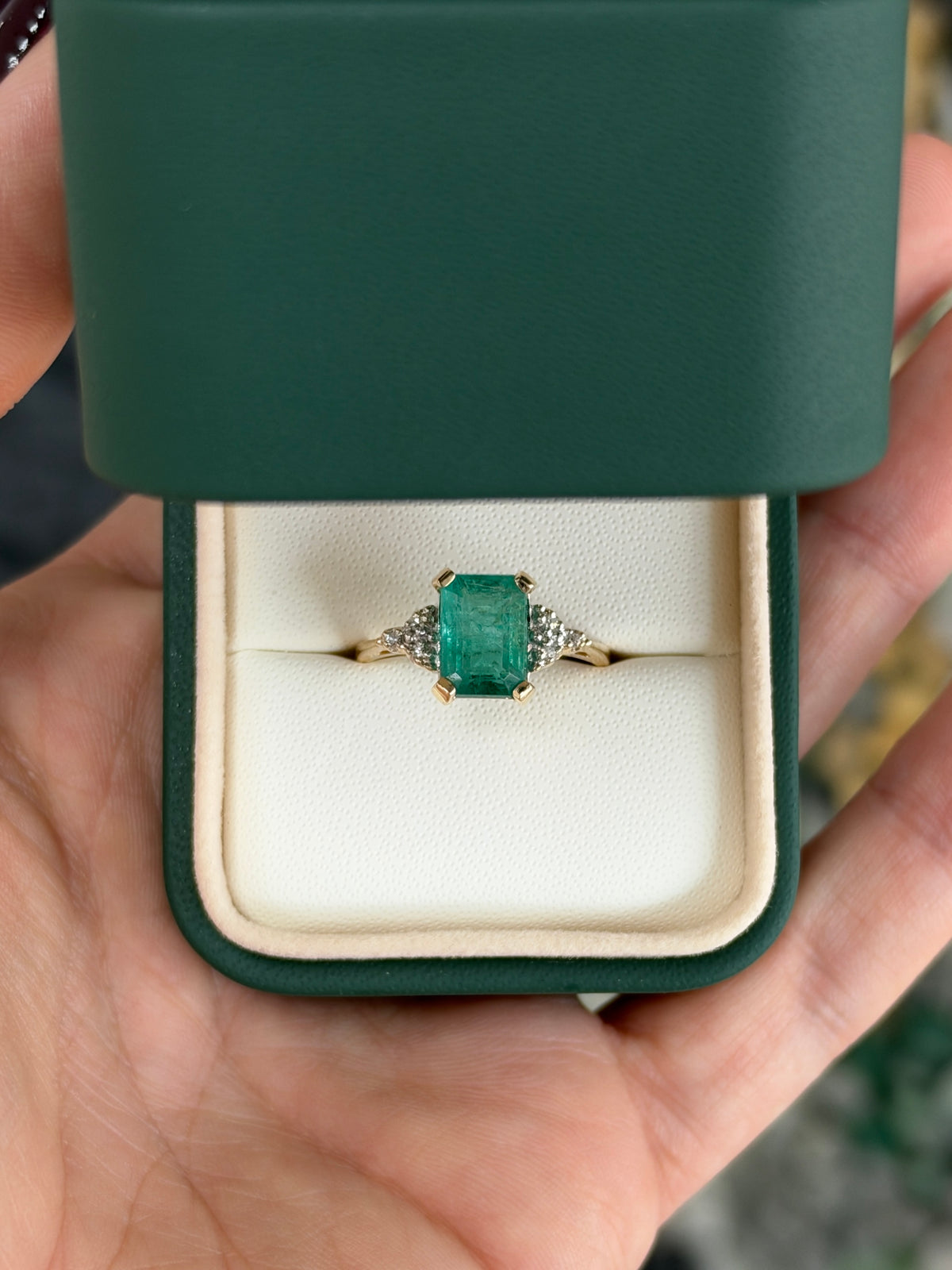 2.95tcw 14K Natural Bluish Undertoned Emerald Cut Emerald & Diamond Accent Seven Stone Ring