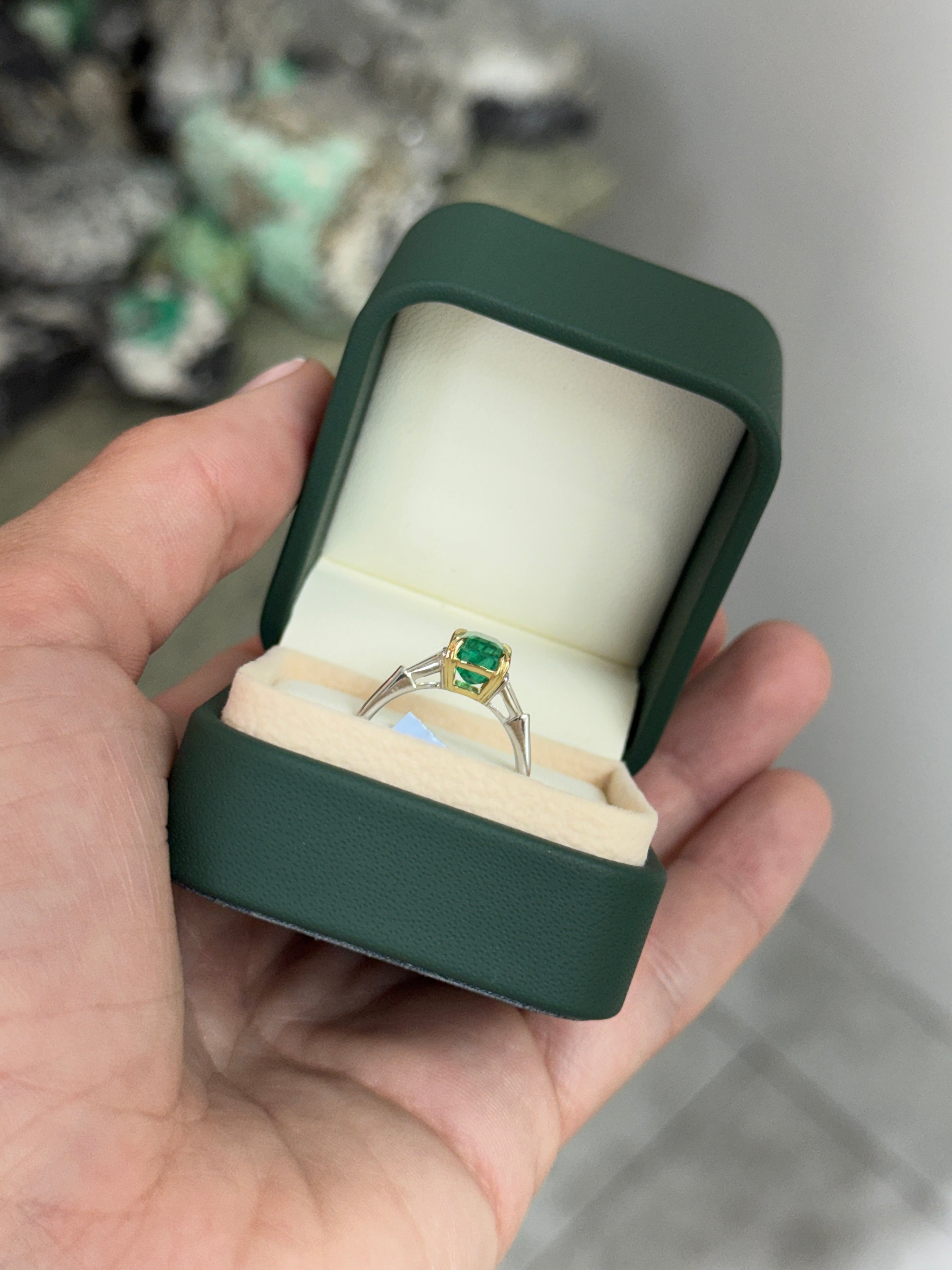 2.75tcw 14K/PLAT Natural Emerald Cut Emerald & Tapered Baguette Diamond Three Stone Engagement Ring