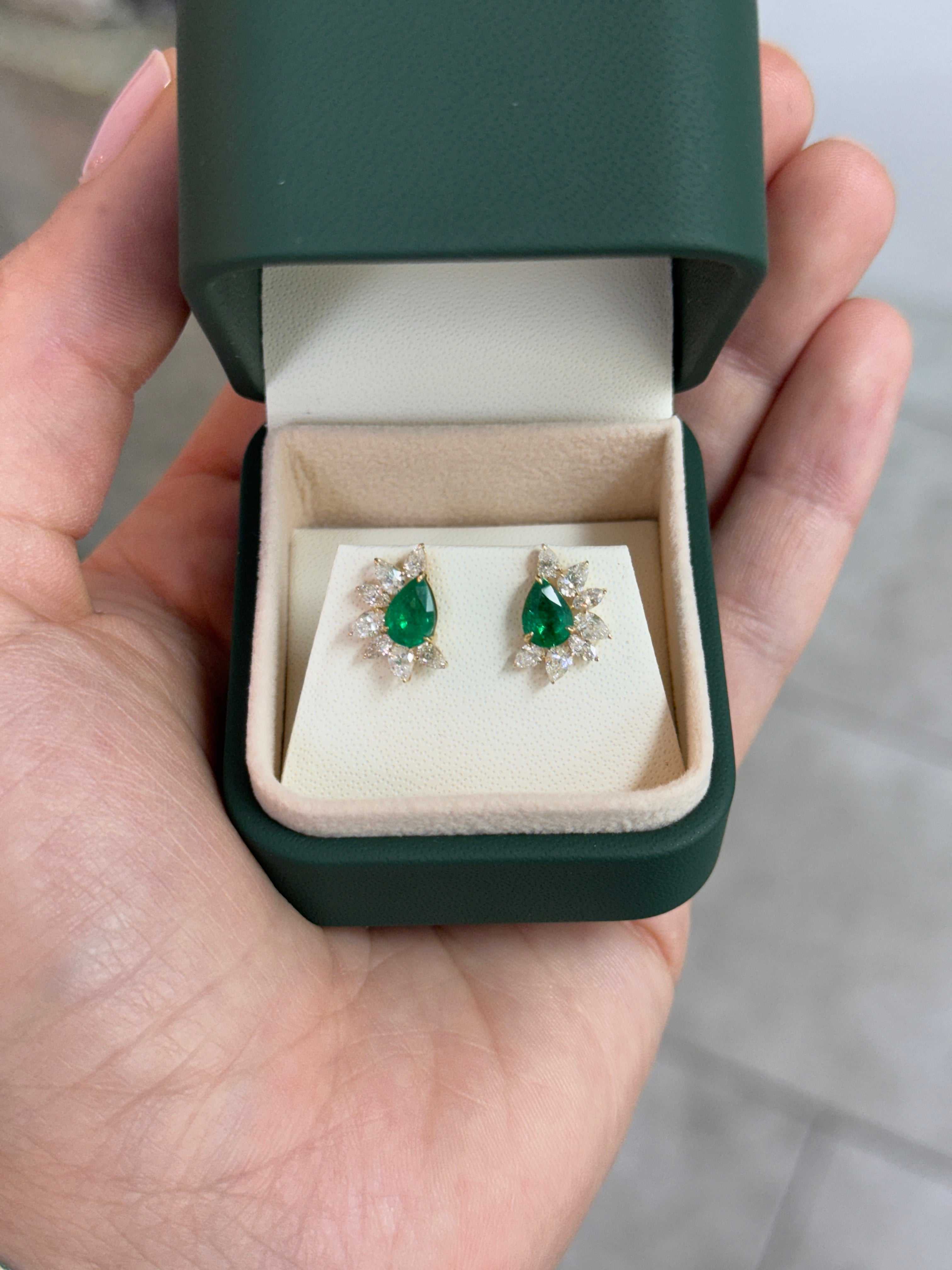 2.68tcw 18K Natural Rich Green Pear Emerald & Pear Diamond Starburst Stud Earrings- Yellow Gold