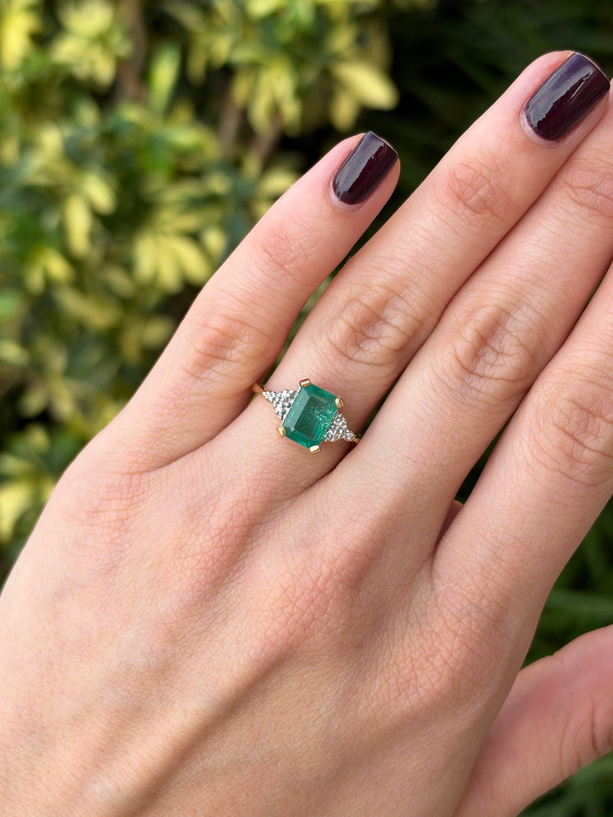 2.95tcw 14K Natural Bluish Undertoned Emerald Cut Emerald & Diamond Accent Seven Stone Ring