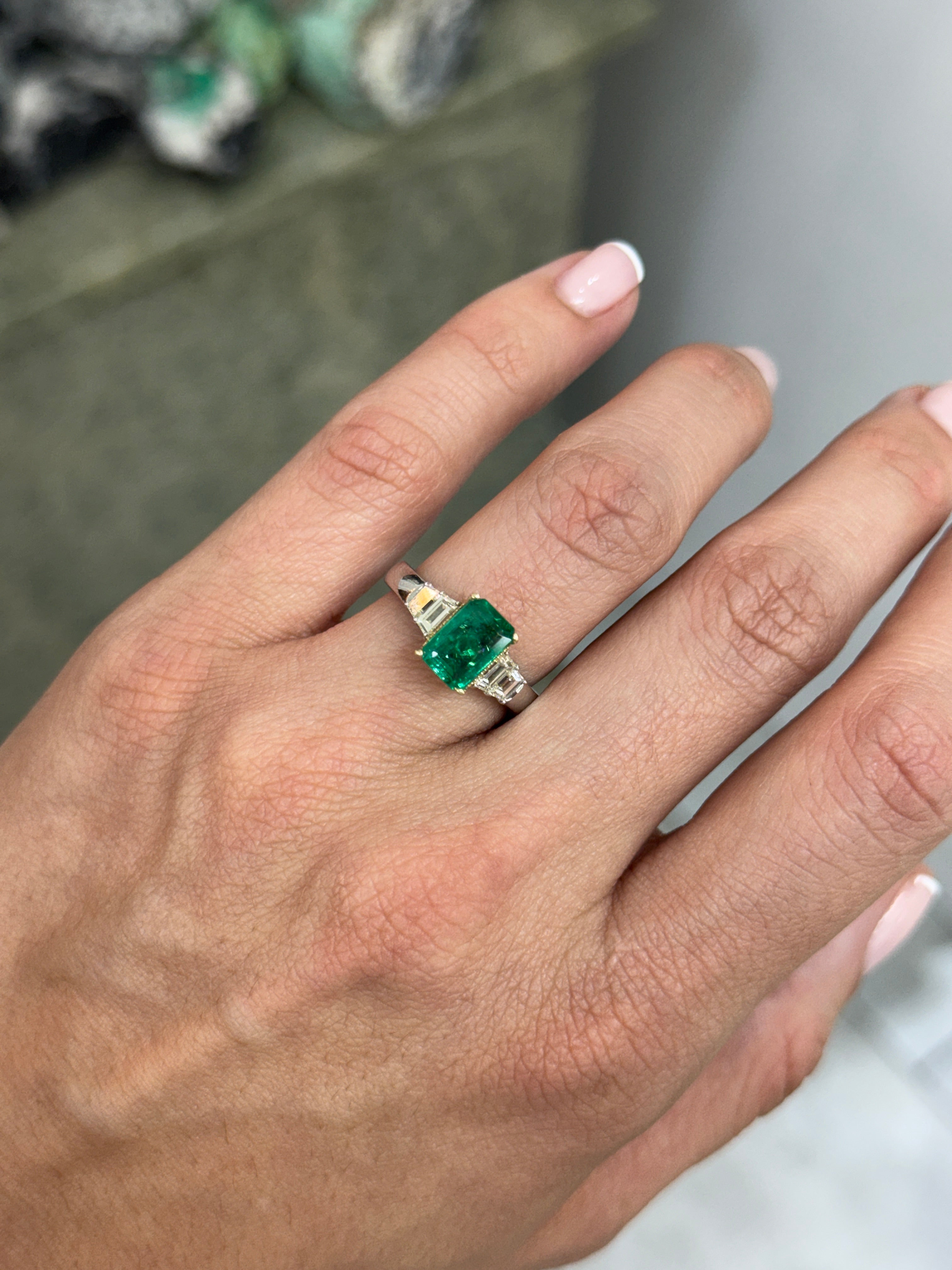 2.39tcw 14K/PLAT Natural Bluish Green Emerald Cut Emerald & Trapezoid Diamond Five Stone Ring