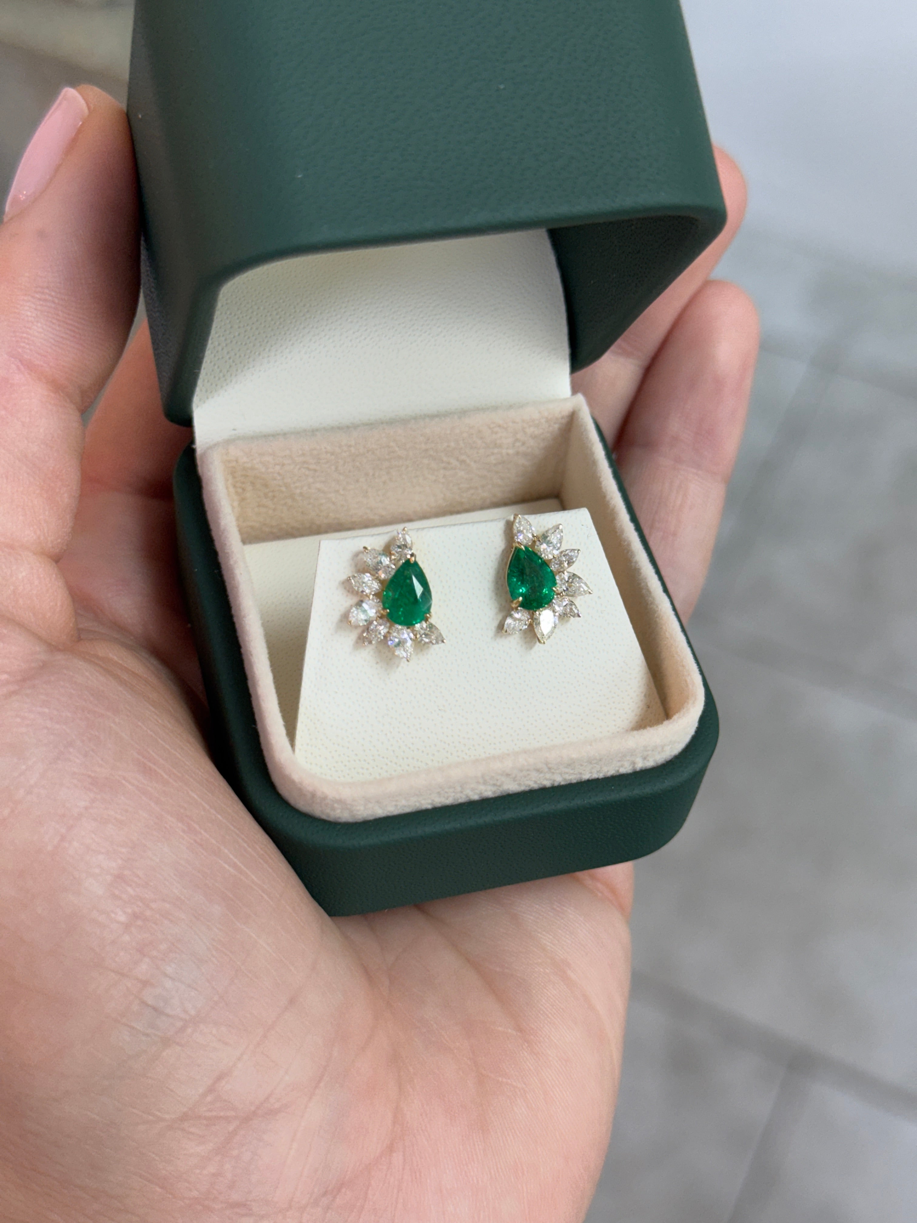 2.68tcw 18K Natural Rich Green Pear Emerald & Pear Diamond Starburst Stud Earrings- Yellow Gold