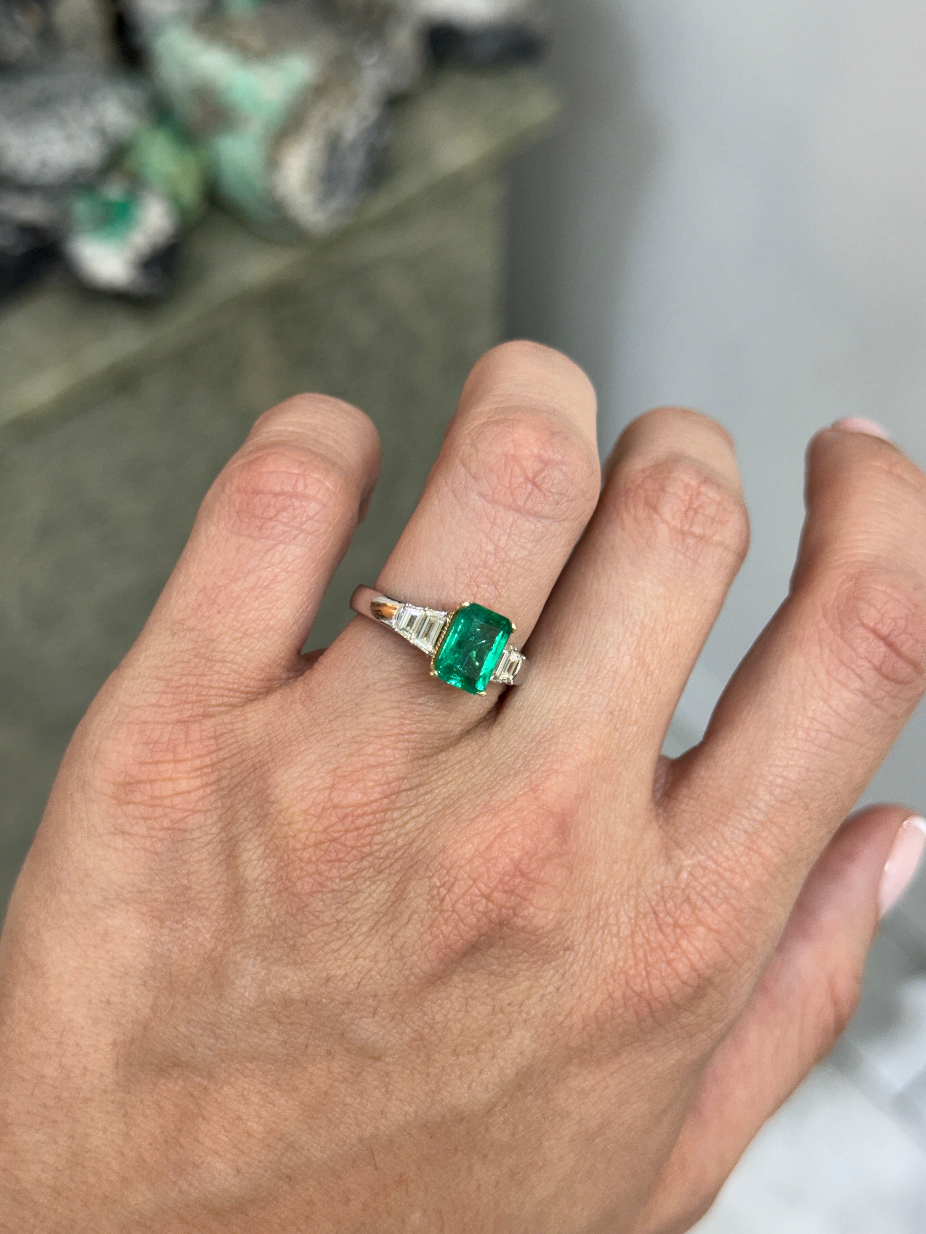 2.39tcw 14K/PLAT Natural Bluish Green Emerald Cut Emerald & Trapezoid Diamond Five Stone Ring