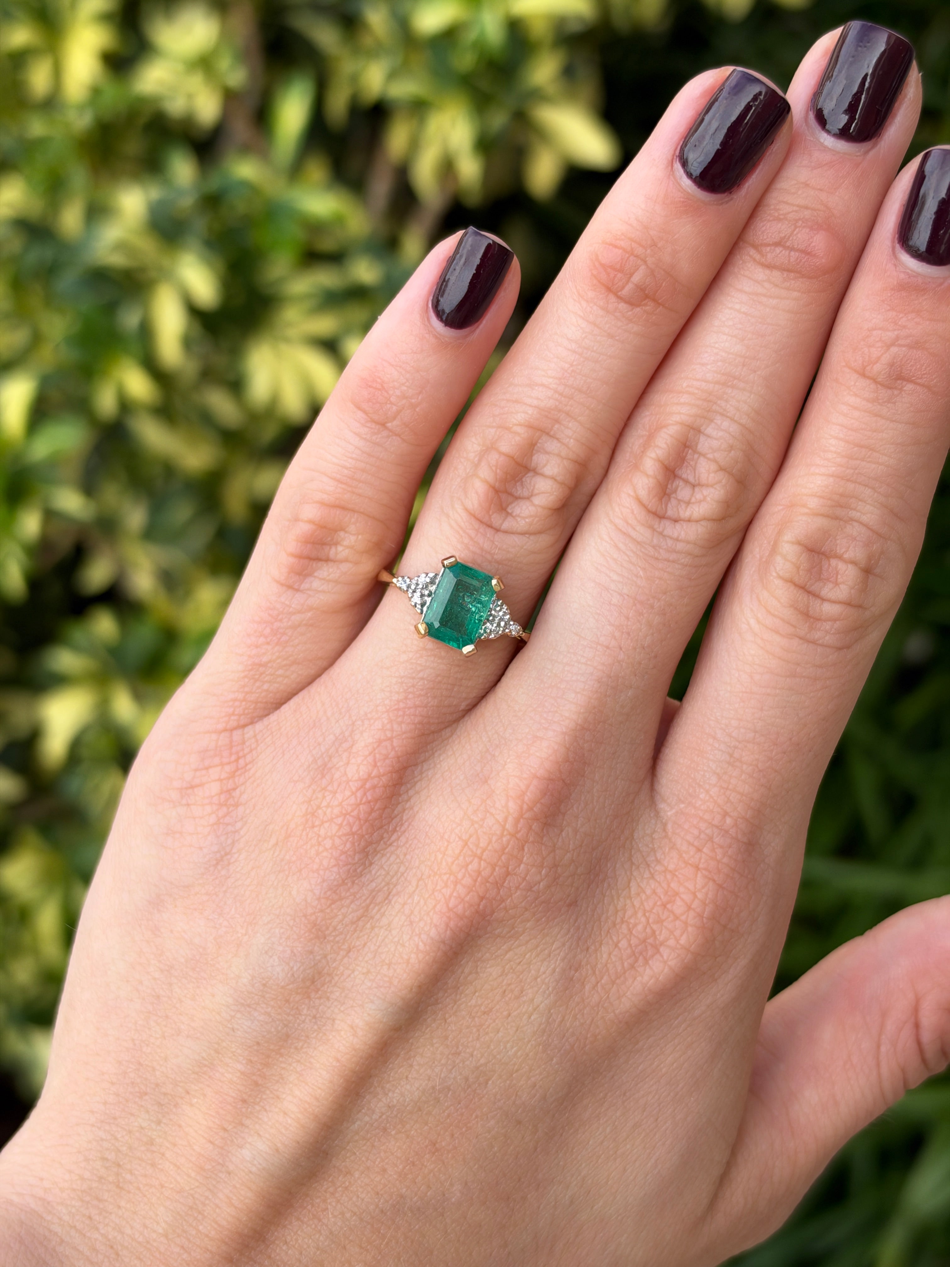 2.95tcw 14K Natural Bluish Undertoned Emerald Cut Emerald & Diamond Accent Seven Stone Ring