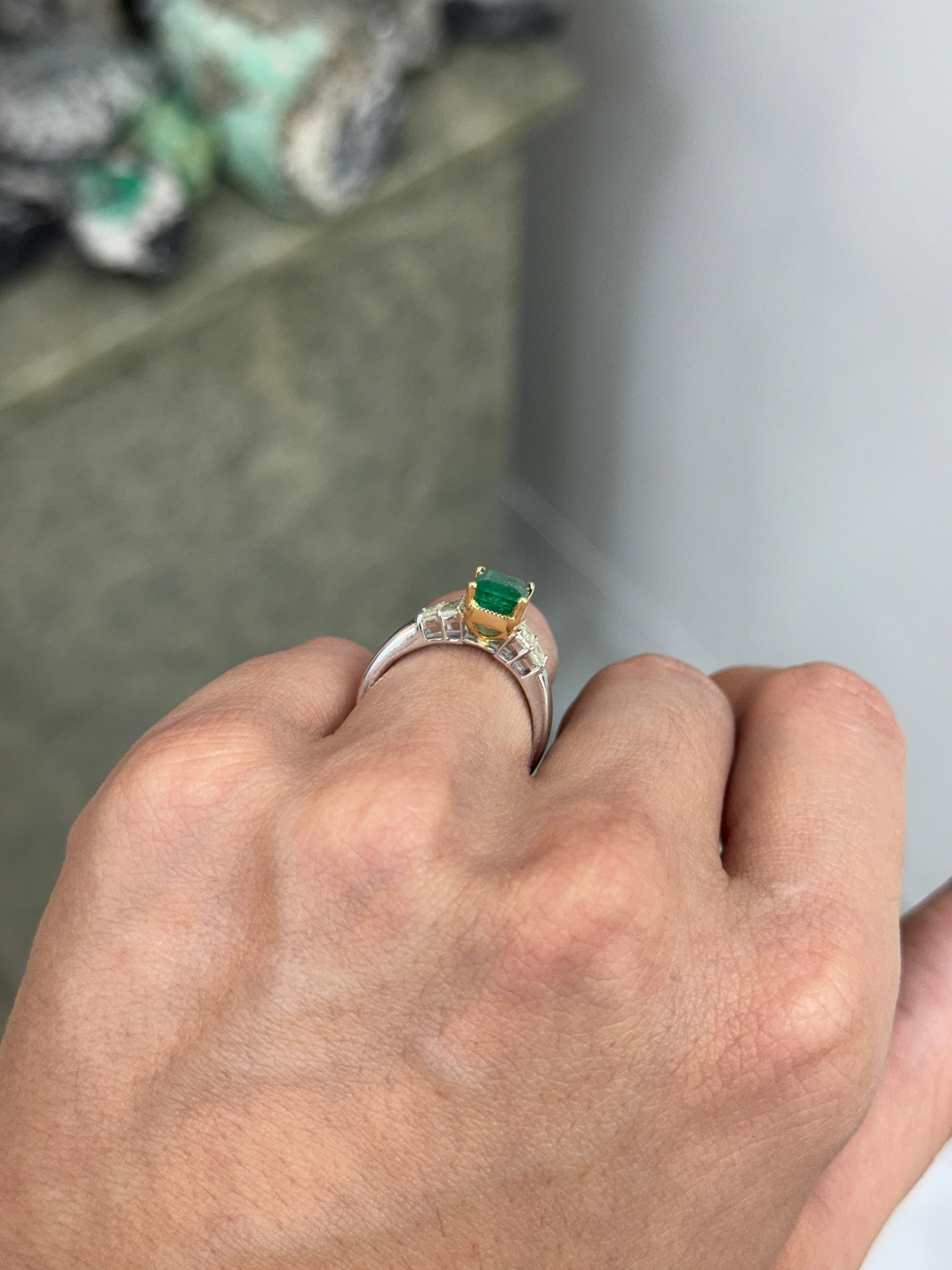 2.39tcw 14K/PLAT Natural Bluish Green Emerald Cut Emerald & Trapezoid Diamond Five Stone Ring