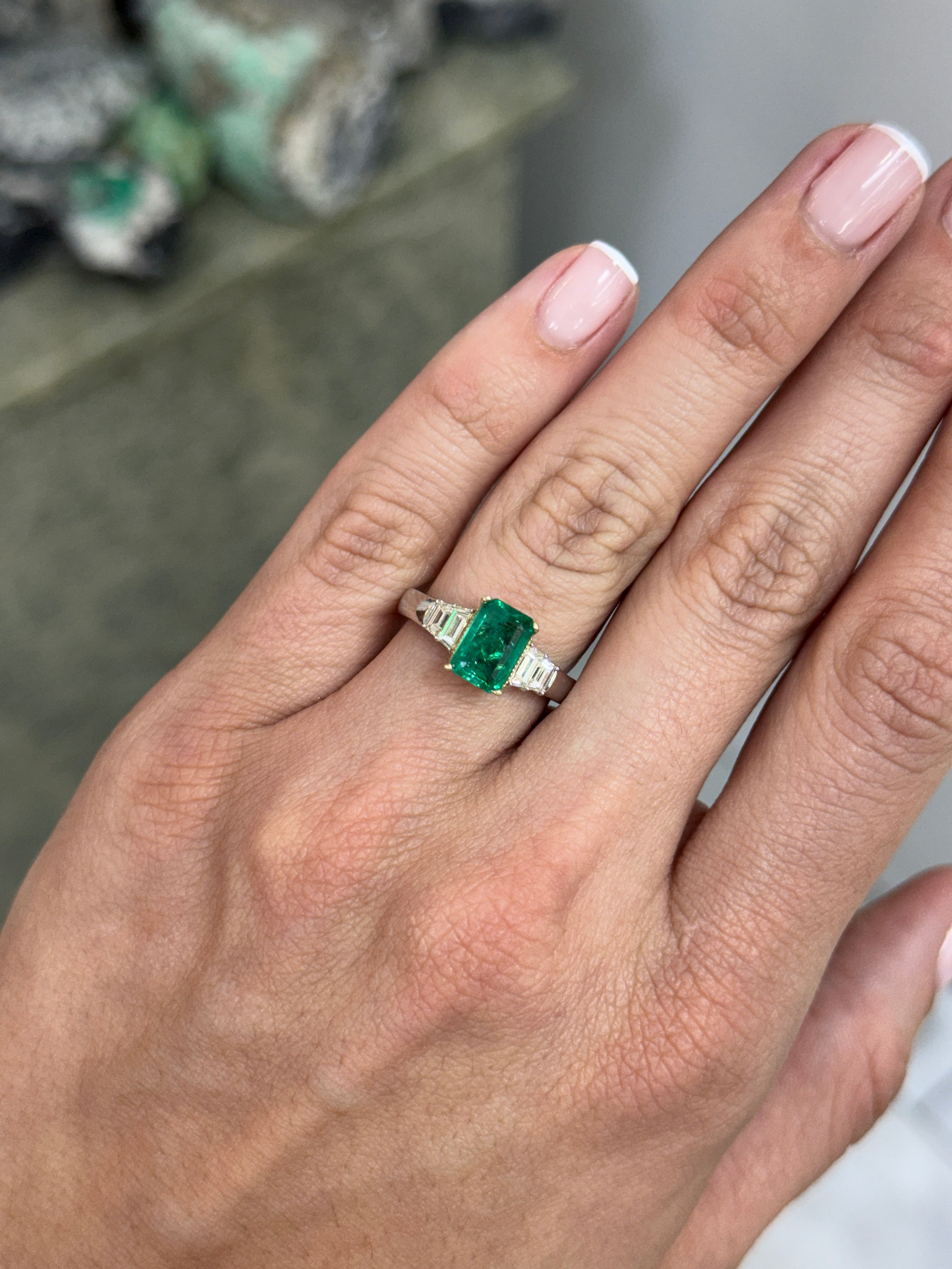 2.39tcw 14K/PLAT Natural Bluish Green Emerald Cut Emerald & Trapezoid Diamond Five Stone Ring