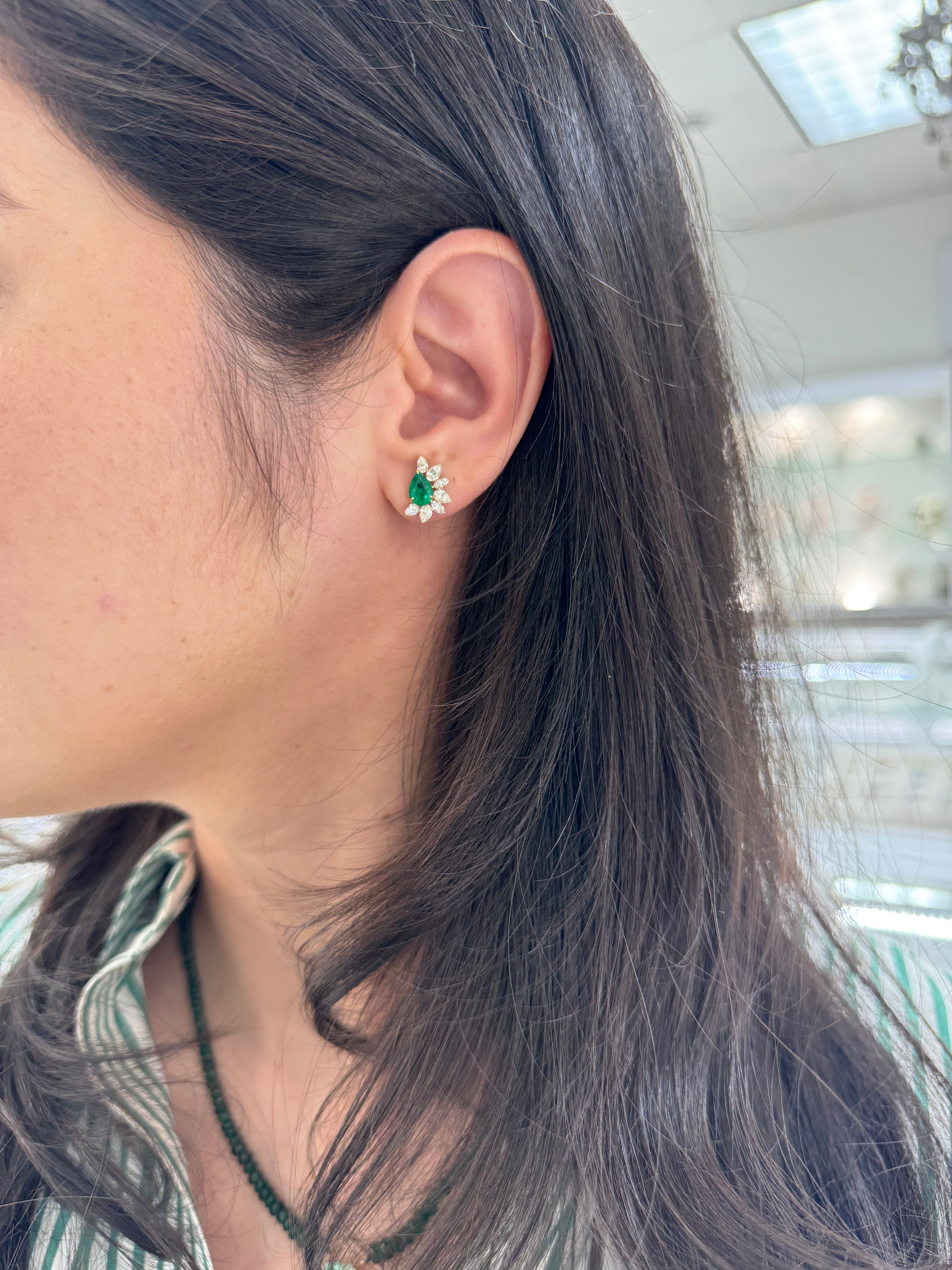 2.68tcw 18K Natural Rich Green Pear Emerald & Pear Diamond Starburst Stud Earrings- Yellow Gold