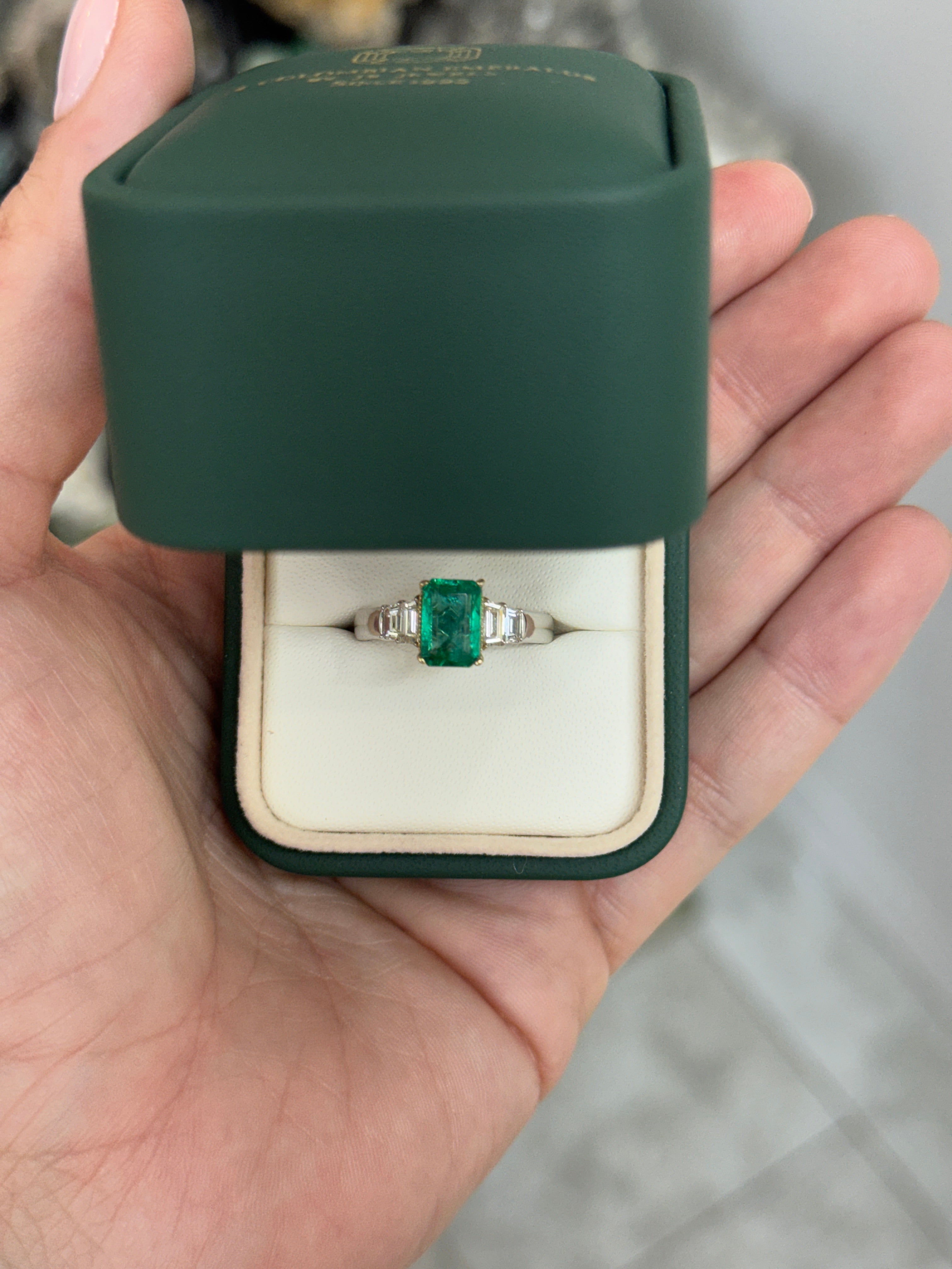 2.39tcw 14K/PLAT Natural Bluish Green Emerald Cut Emerald & Trapezoid Diamond Five Stone Ring