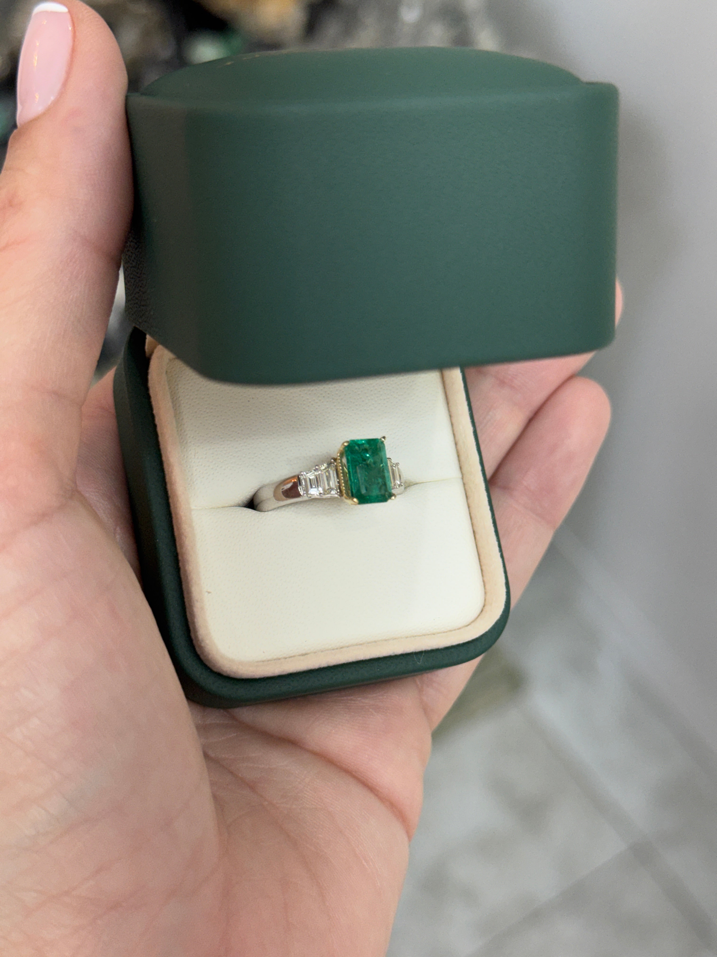 2.39tcw 14K/PLAT Natural Bluish Green Emerald Cut Emerald & Trapezoid Diamond Five Stone Ring