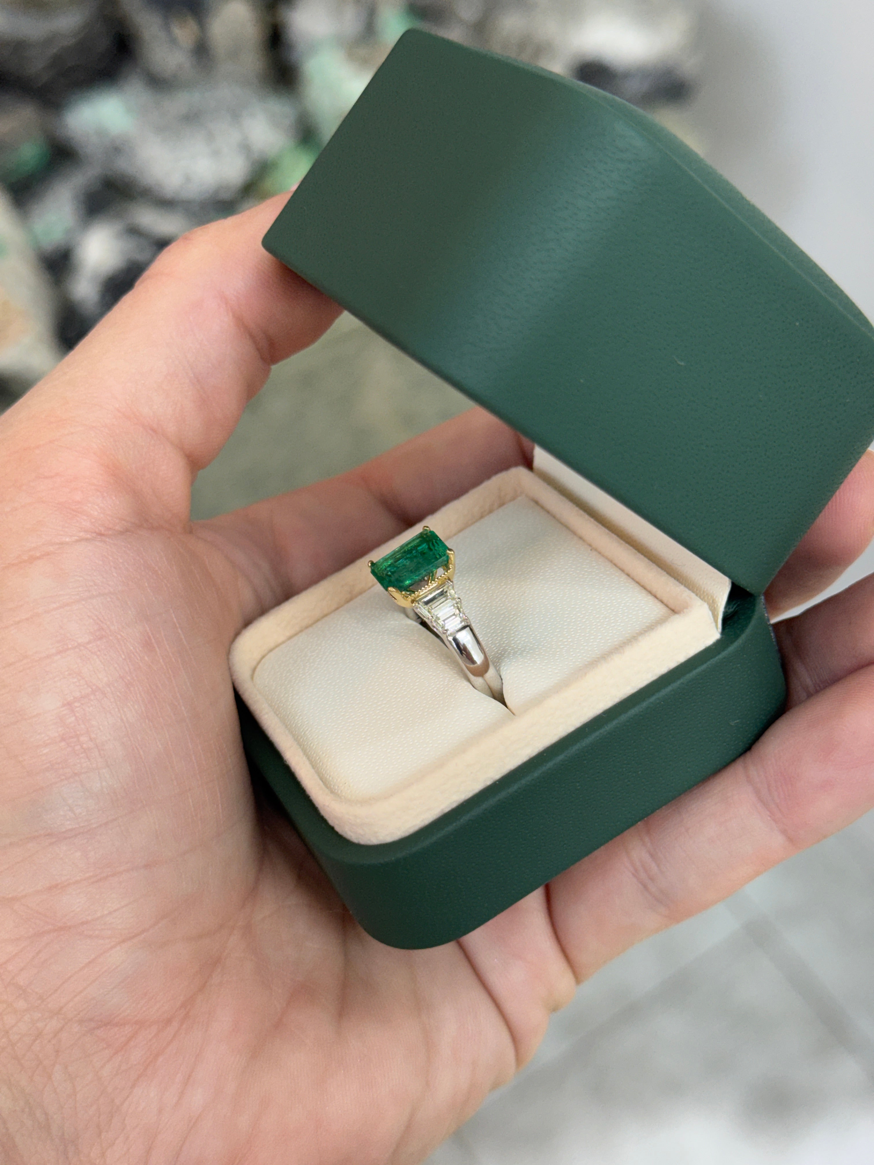2.39tcw 14K/PLAT Natural Bluish Green Emerald Cut Emerald & Trapezoid Diamond Five Stone Ring