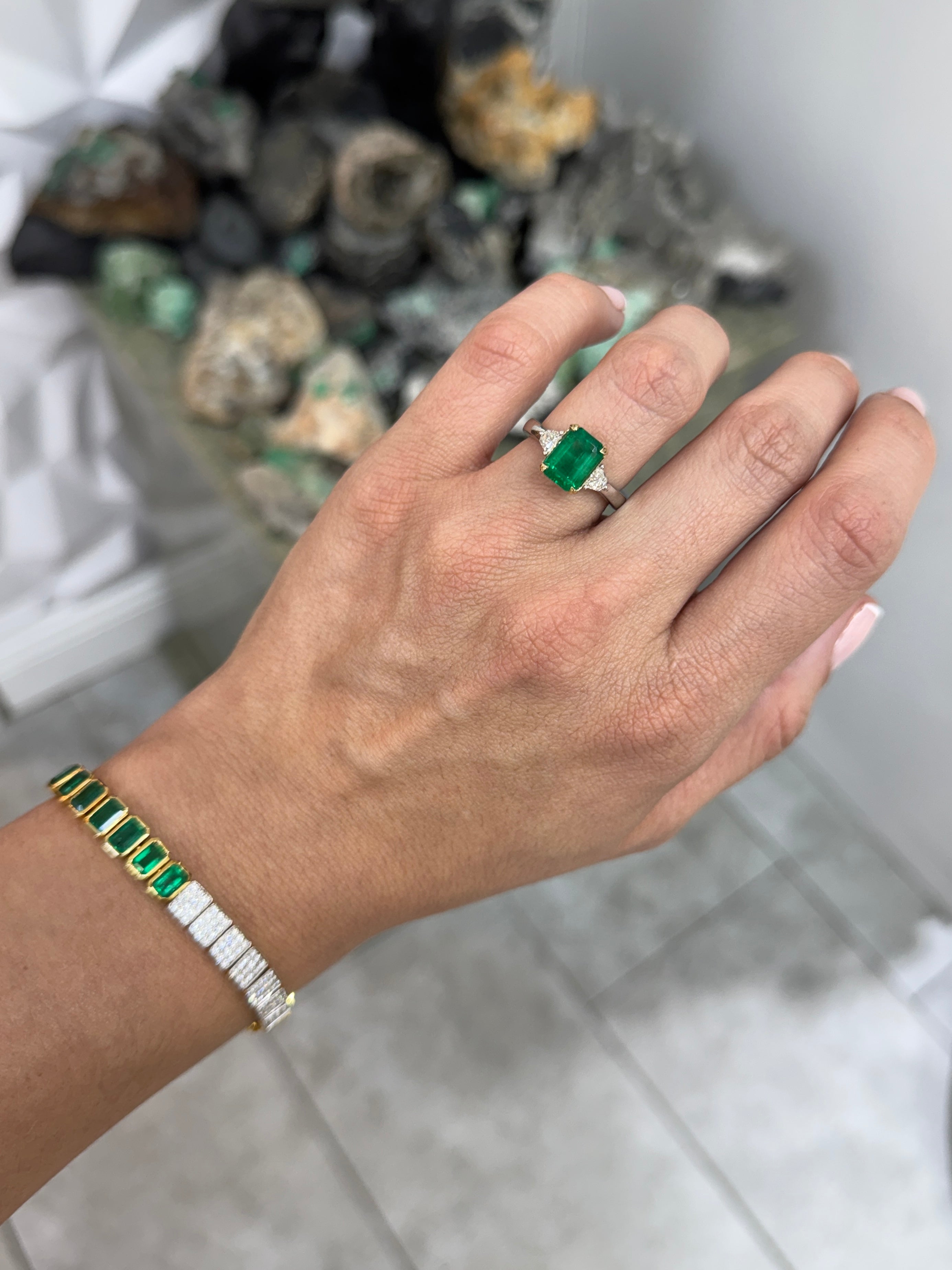 2.91tcw 14K/PLAT Vivid Green Natural Emerald Cut Emerald & Shield Cut Diamond Three Stone Ring
