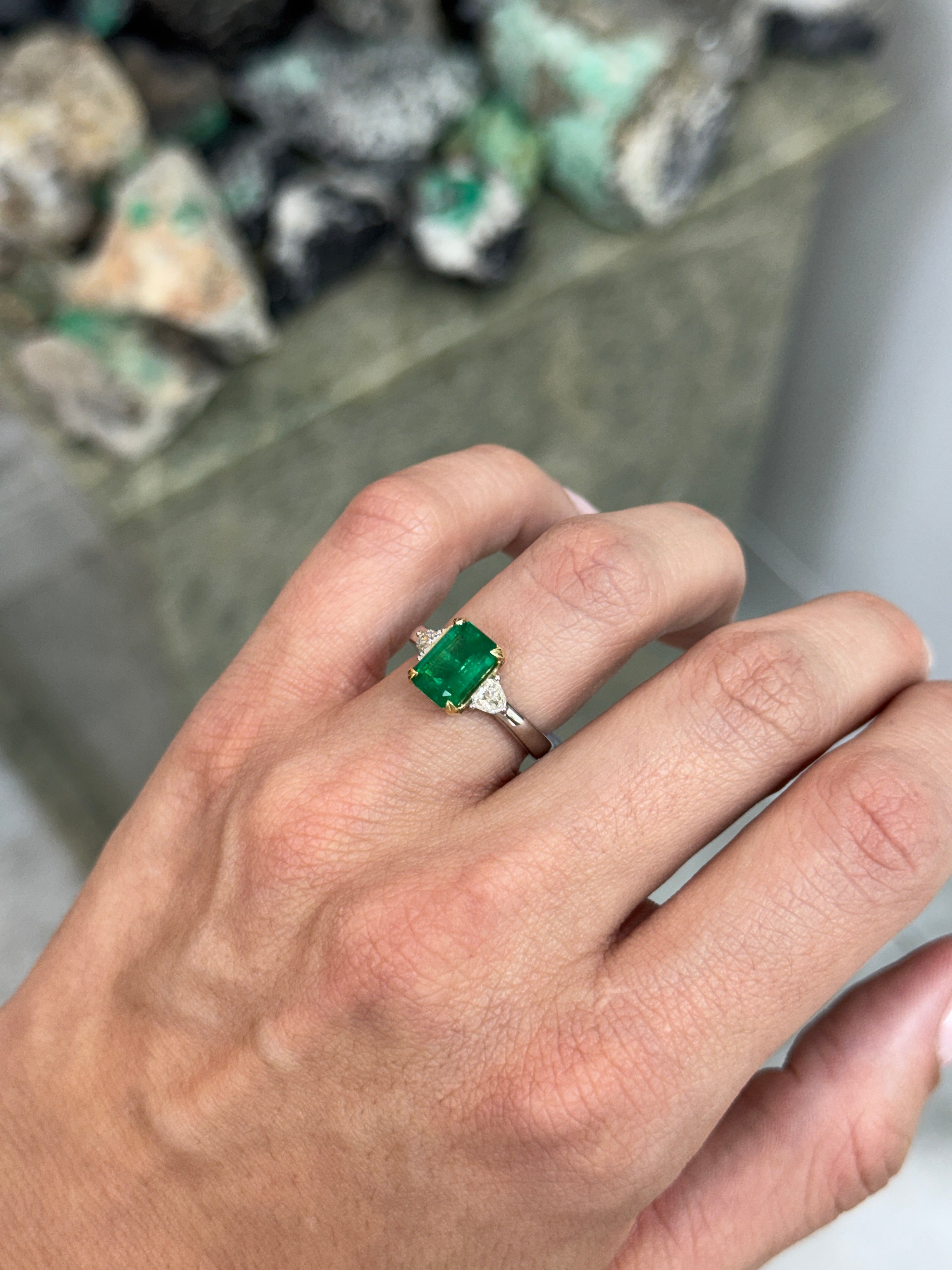 2.91tcw 14K/PLAT Vivid Green Natural Emerald Cut Emerald & Shield Cut Diamond Three Stone Ring
