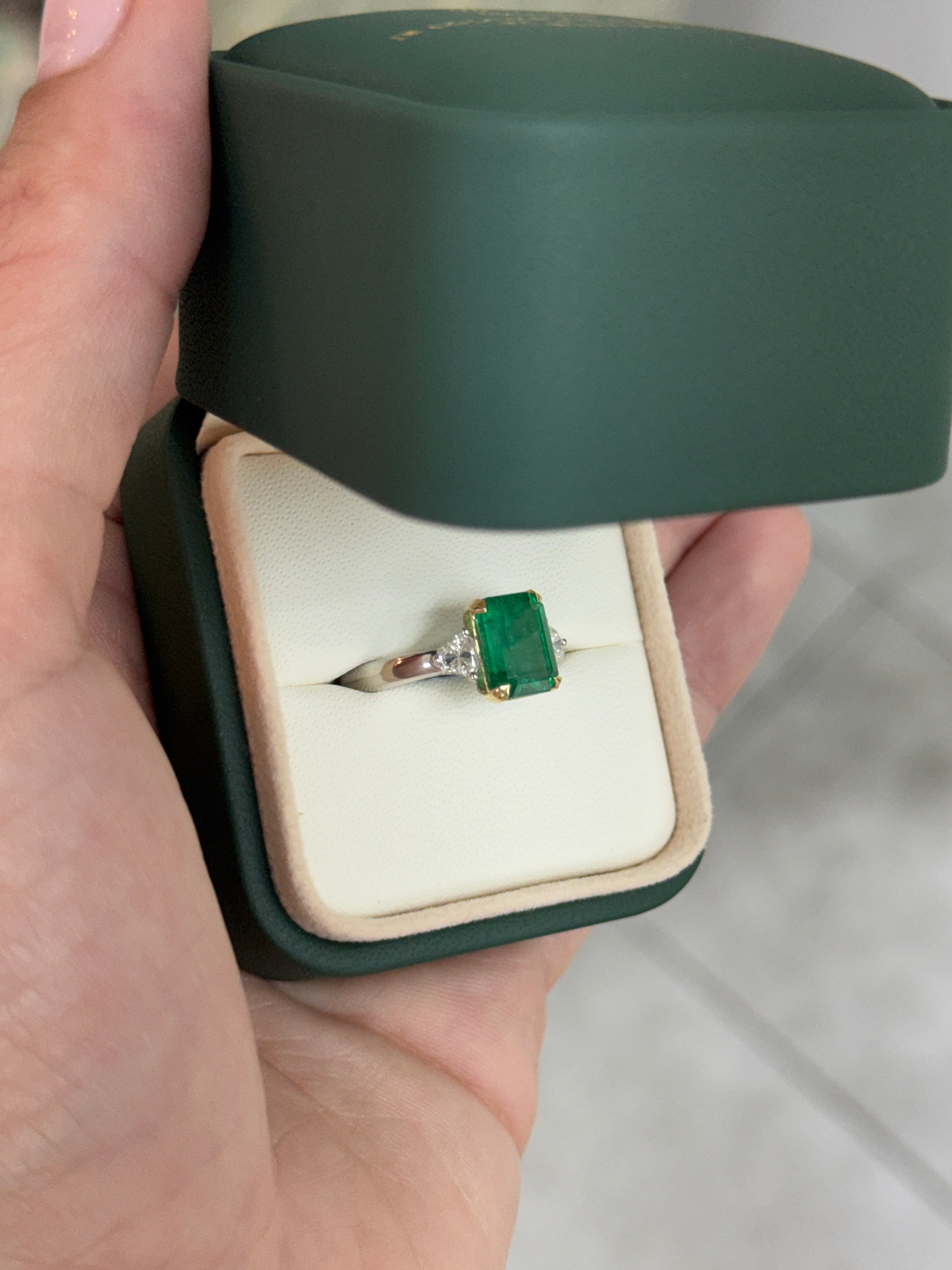 2.91tcw 14K/PLAT Vivid Green Natural Emerald Cut Emerald & Shield Cut Diamond Three Stone Ring