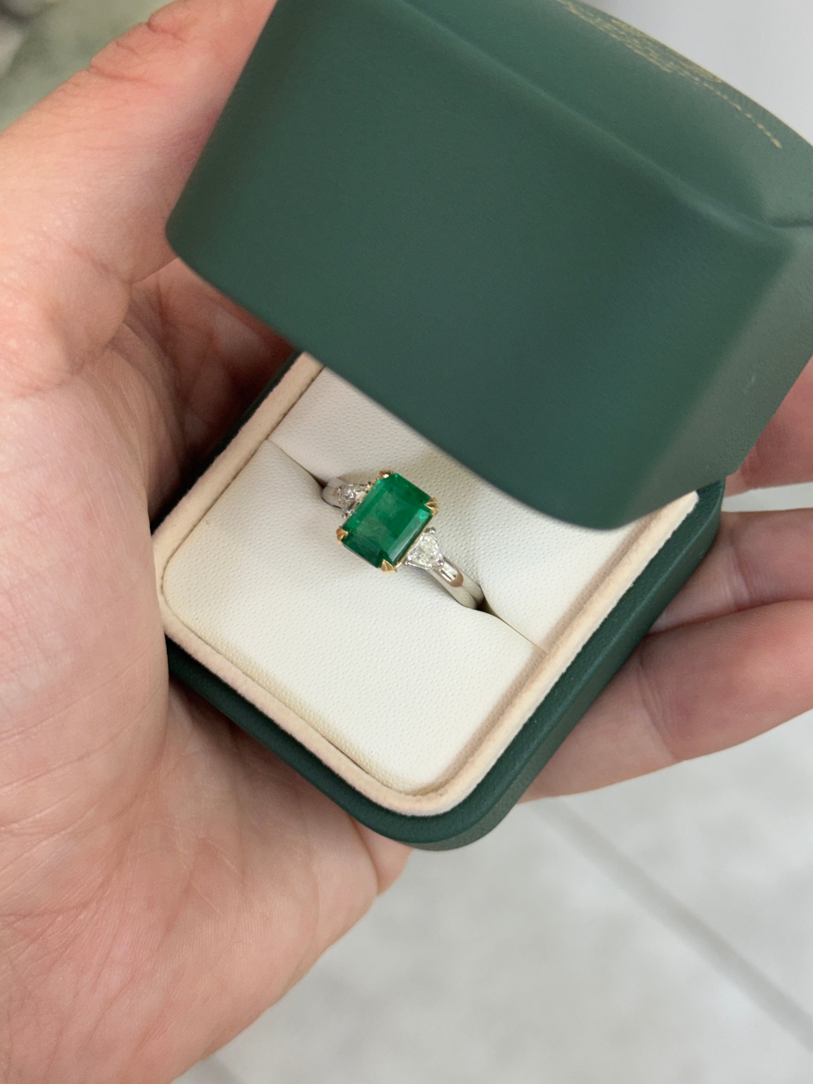 2.91tcw 14K/PLAT Vivid Green Natural Emerald Cut Emerald & Shield Cut Diamond Three Stone Ring