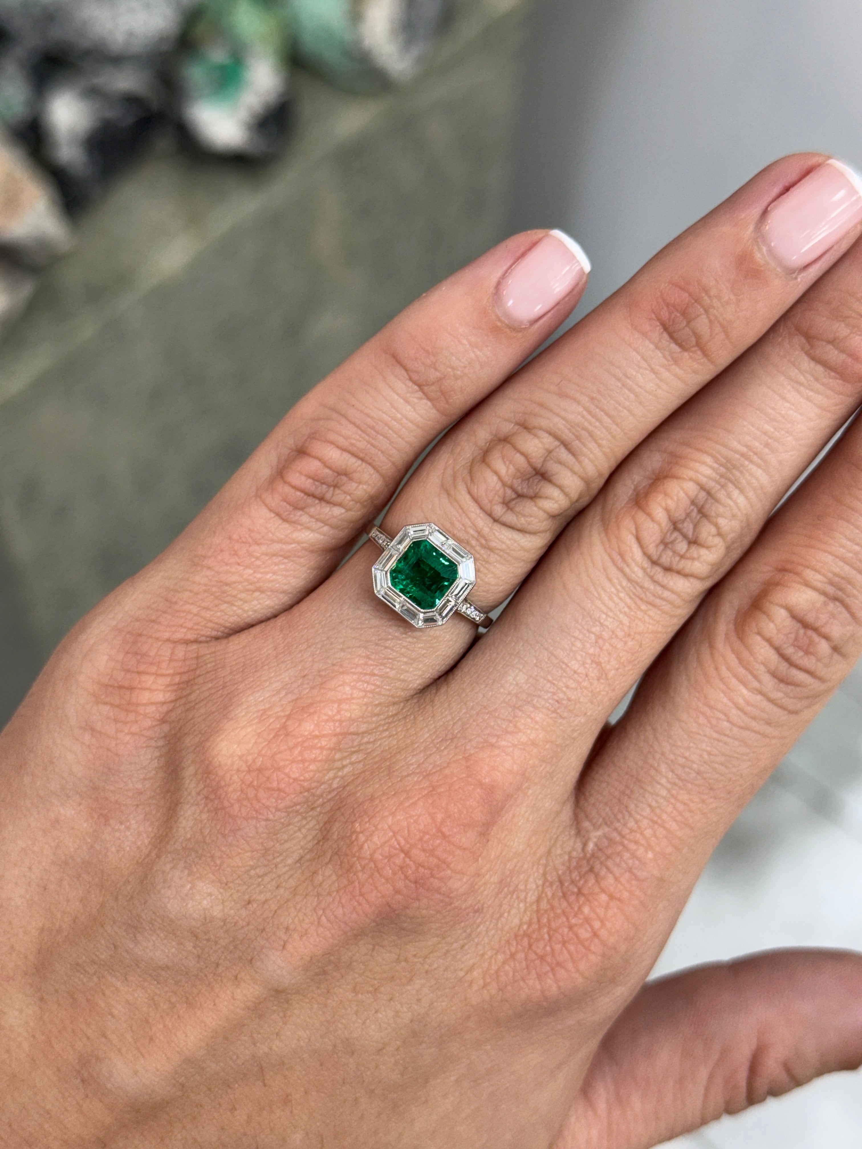 2.22tcw AAA+ Platinum Asscher Cut Emerald & Baguette Diamond Halo Art Deco Ring