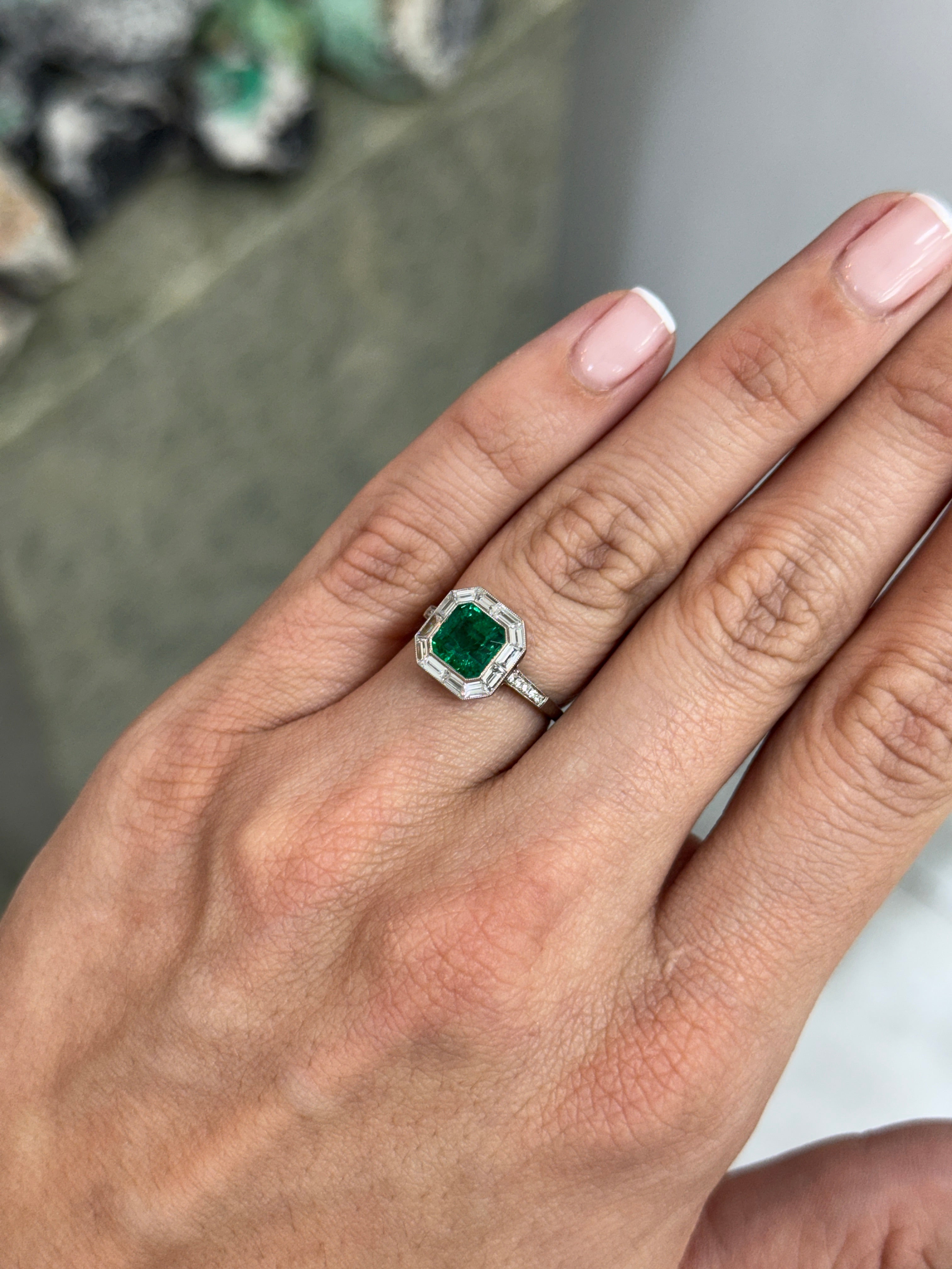 2.22tcw AAA+ Platinum Asscher Cut Emerald & Baguette Diamond Halo Art Deco Ring