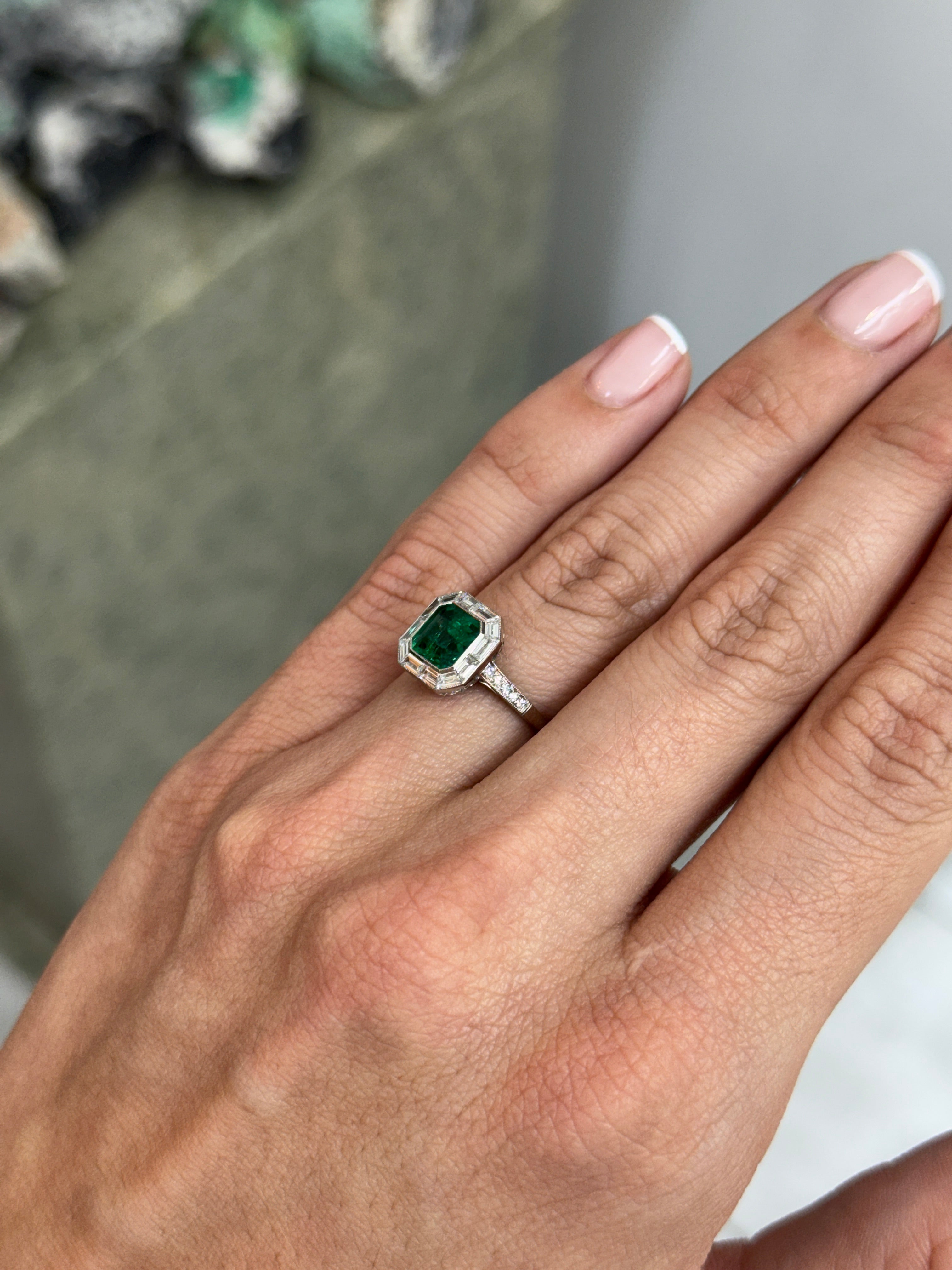 2.22tcw AAA+ Platinum Asscher Cut Emerald & Baguette Diamond Halo Art Deco Ring