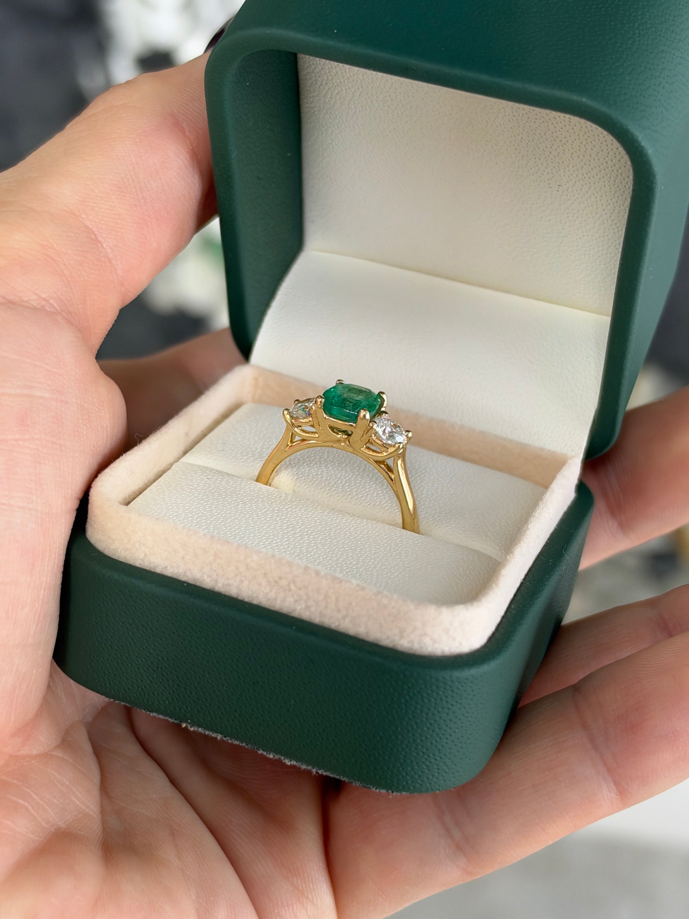 2.55tcw 18K Natural Cushion Cut Emerald & Round Lab Diamond Three Stone Ring