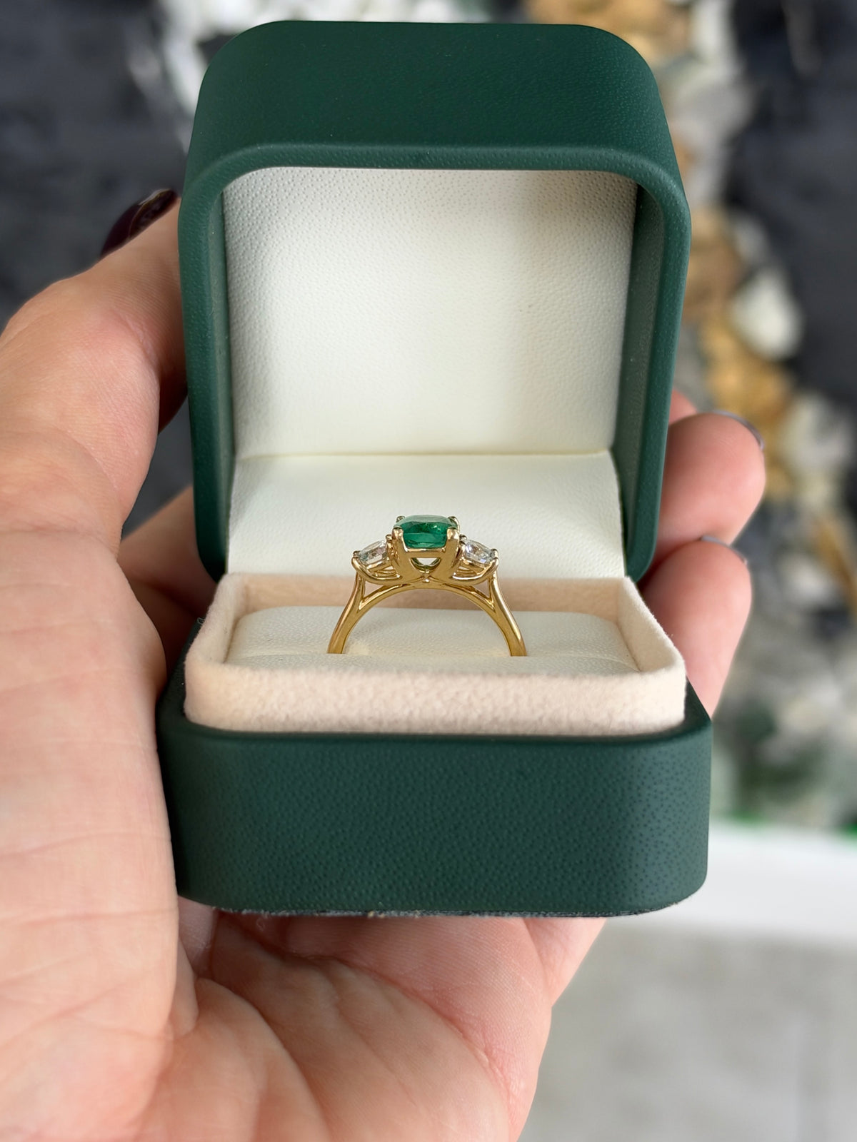 2.55tcw 18K Natural Cushion Cut Emerald & Round Lab Diamond Three Stone Ring
