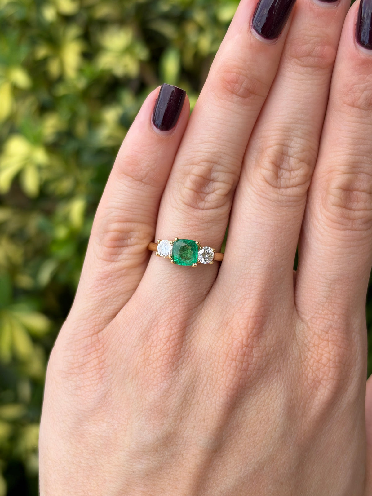 2.55tcw 18K Natural Cushion Cut Emerald & Round Lab Diamond Three Stone Ring