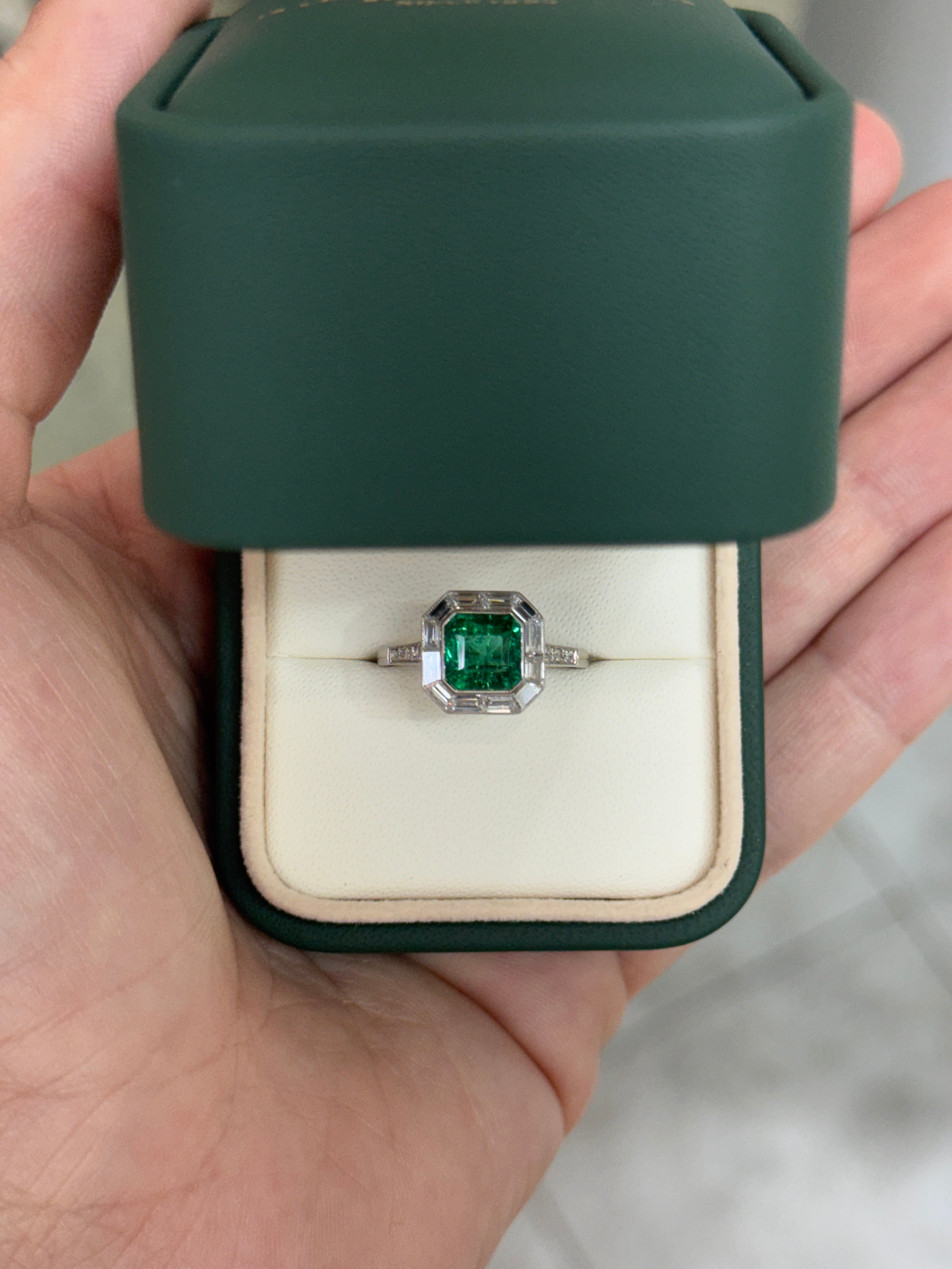 2.22tcw AAA+ Platinum Asscher Cut Emerald & Baguette Diamond Halo Art Deco Ring