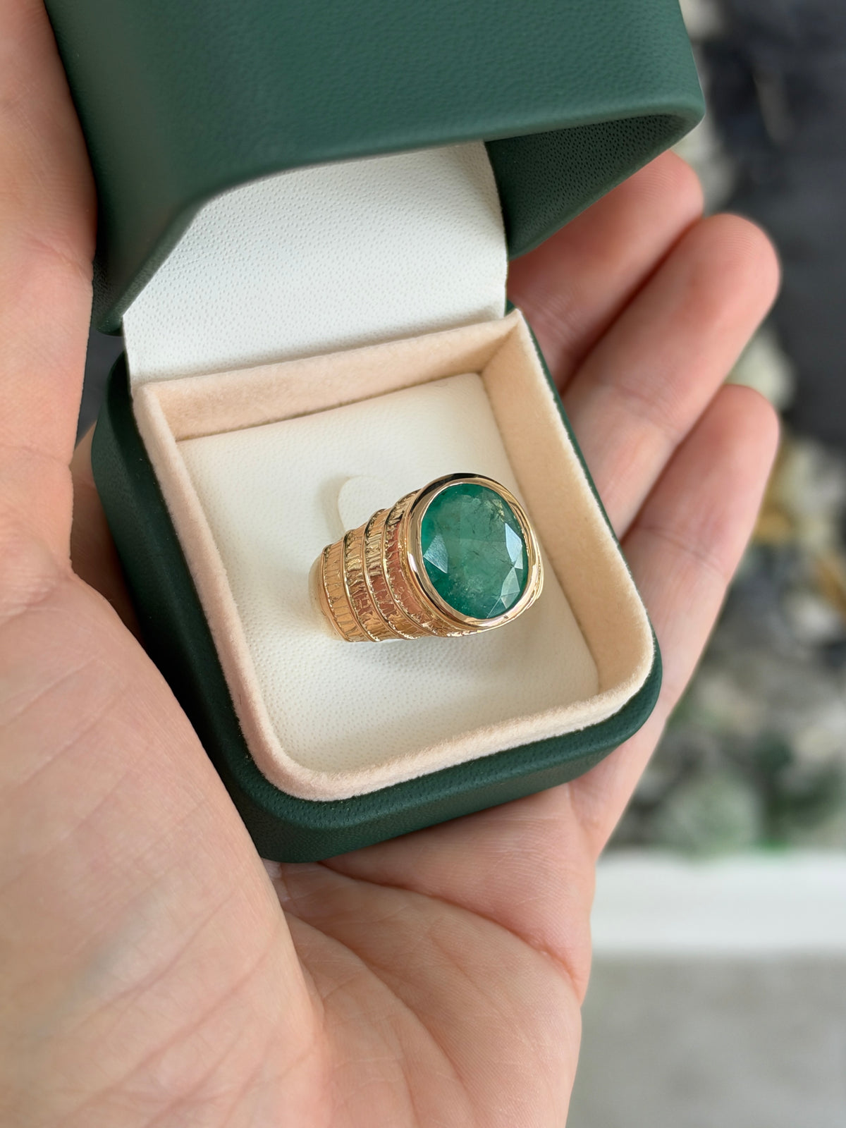 7.25ct 14K Natural Large Oval Cut Emerald Solitaire Bezel Set Gold Ring