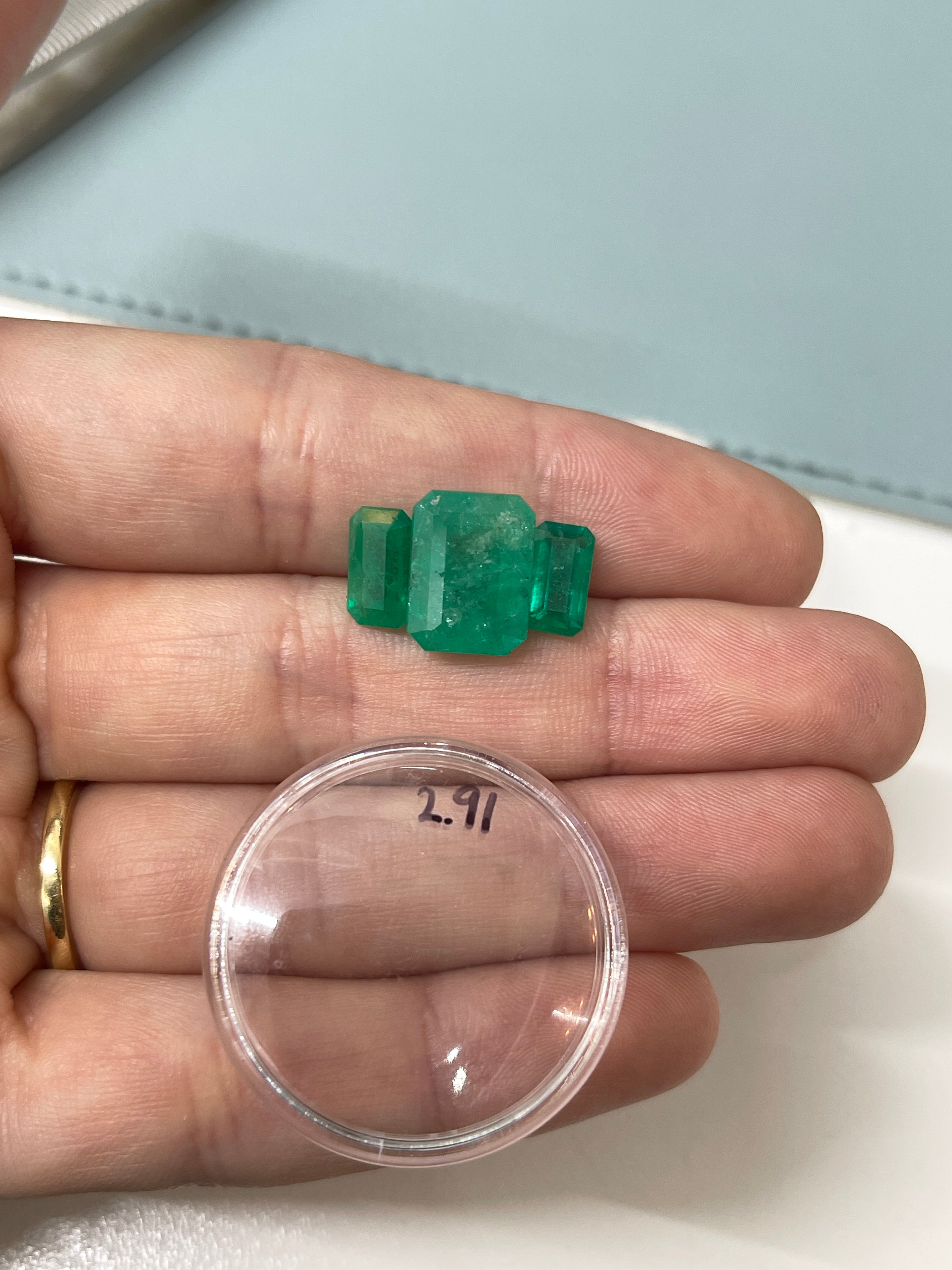 ET Deposit 6.47 Carat 13x10 Colombian Emerald Three Stone Ring 14K - JR Colombian Emeralds