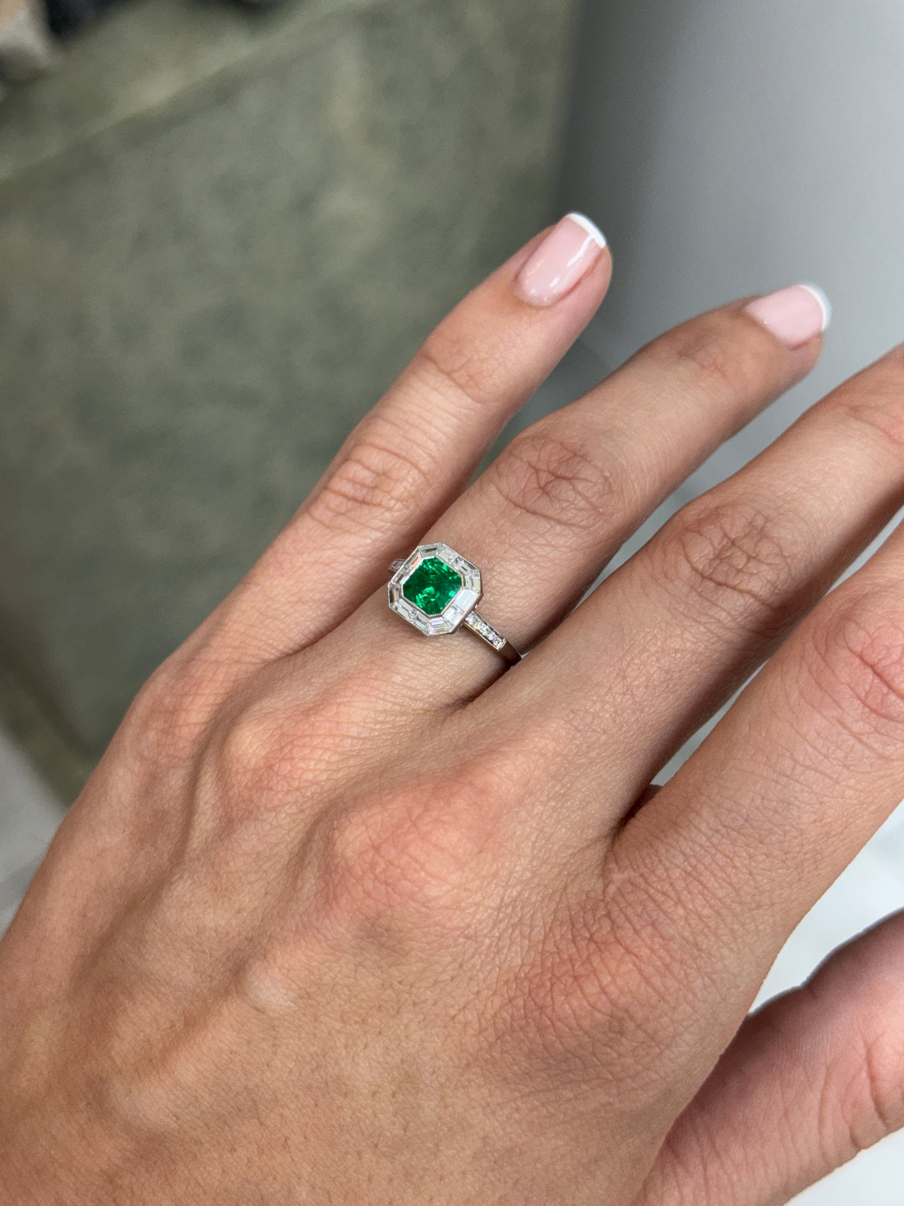 1.55tcw AAA+ Platinum Asscher Cut Emerald & Baguette Diamond Halo Art Deco Ring
