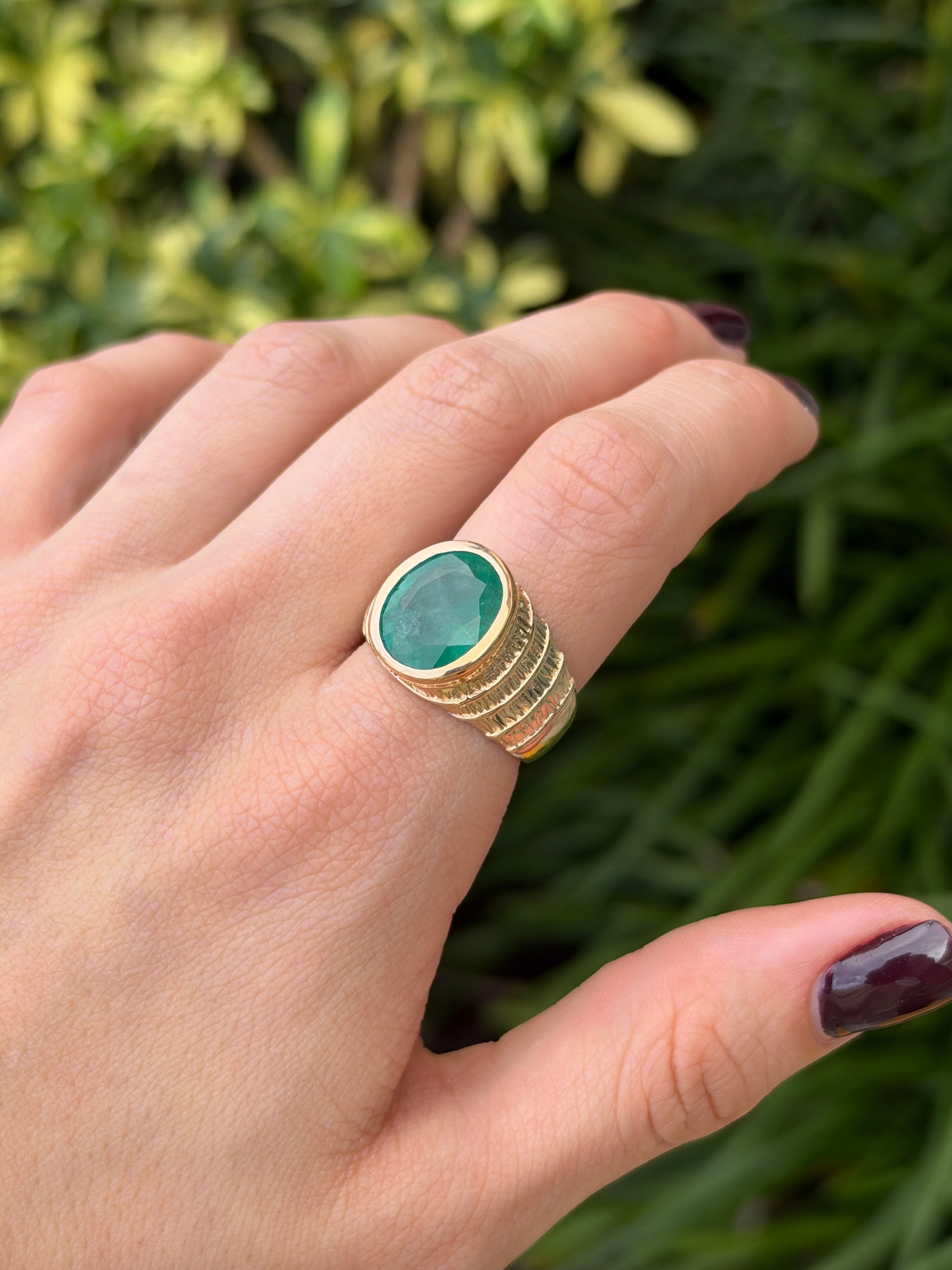 7.25ct 14K Natural Large Oval Cut Emerald Solitaire Bezel Set Gold Ring