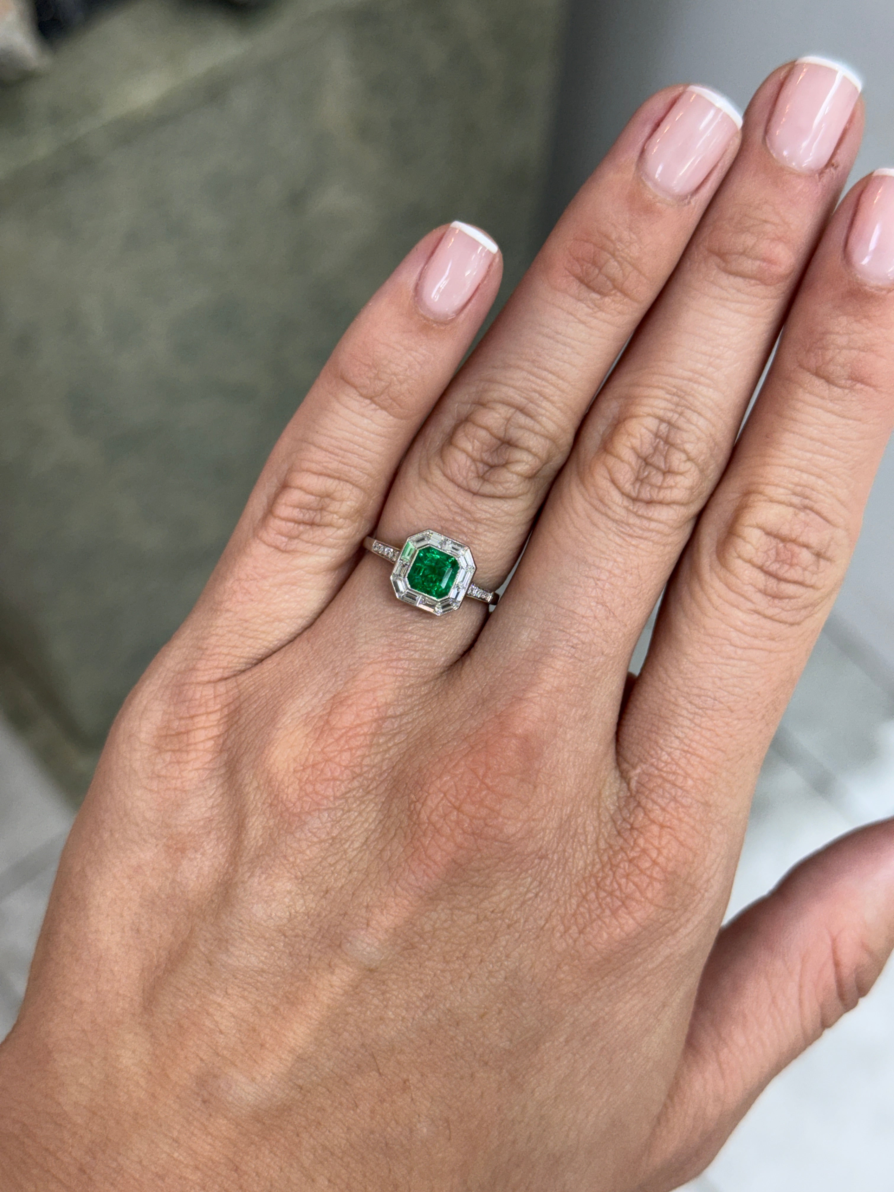 1.55tcw AAA+ Platinum Asscher Cut Emerald & Baguette Diamond Halo Art Deco Ring