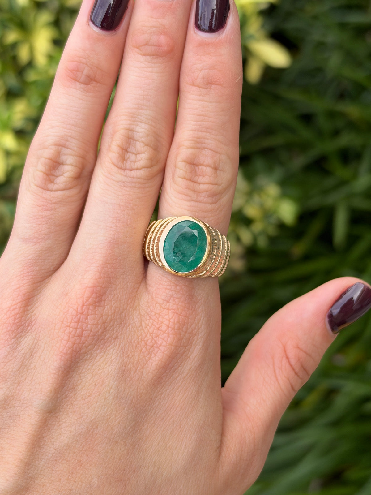 7.25ct 14K Natural Large Oval Cut Emerald Solitaire Bezel Set Gold Ring