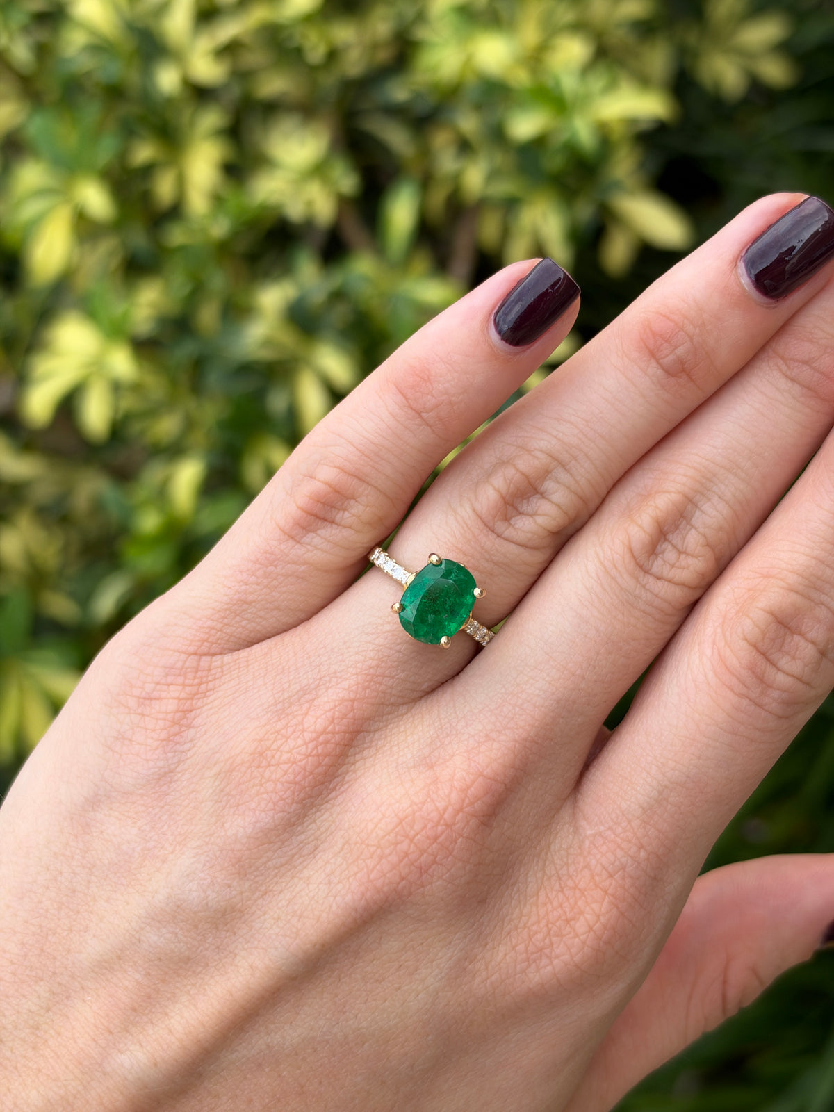 3.34tcw 14K Rich Green Oval Emerald & Hidden Lab Diamond Halo With Diamond Shank Ring