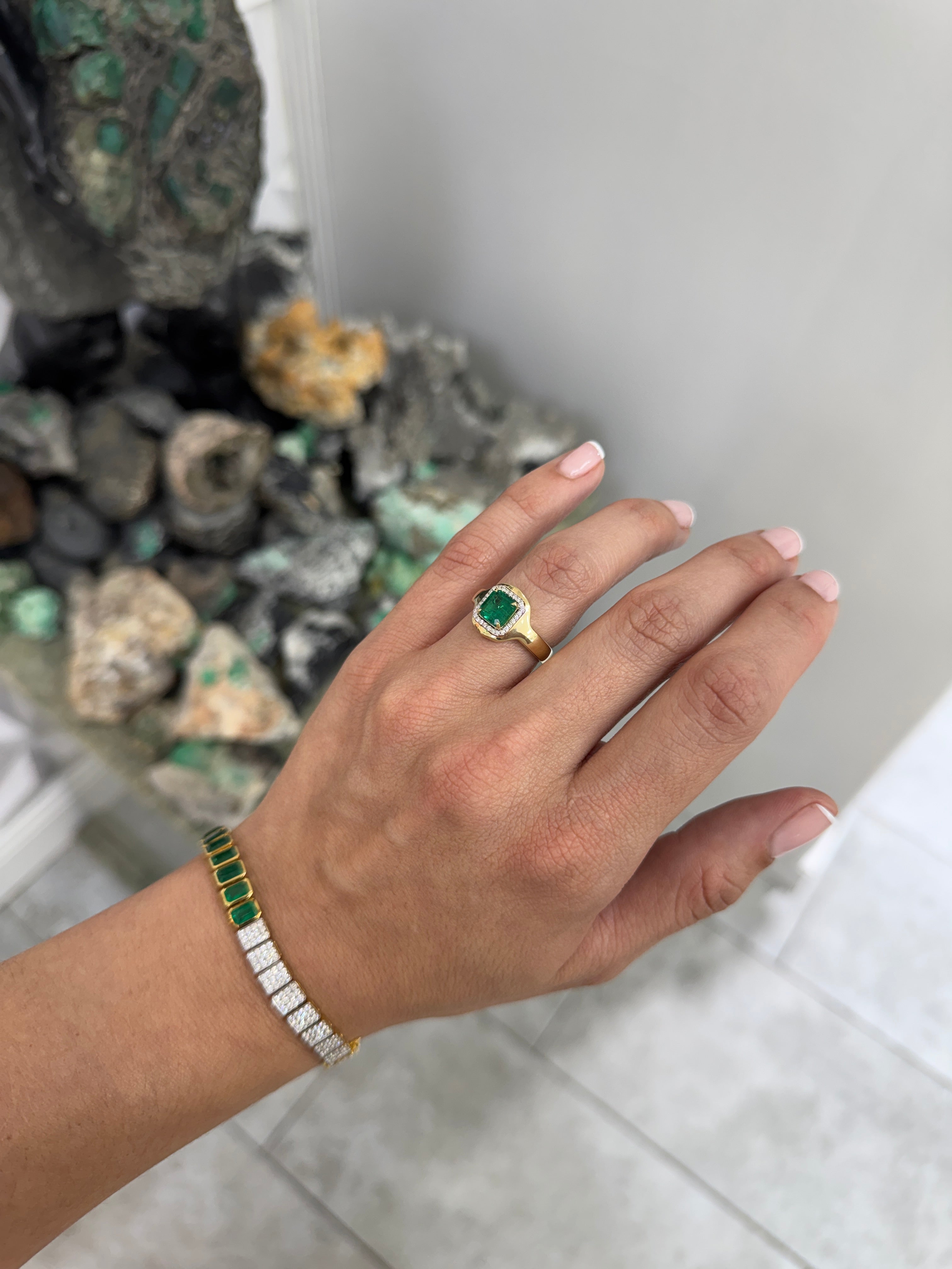 1.60tcw 14K Full Finger Coverage Asscher Cut Emerald & Diamond Halo Accent Statement Ring