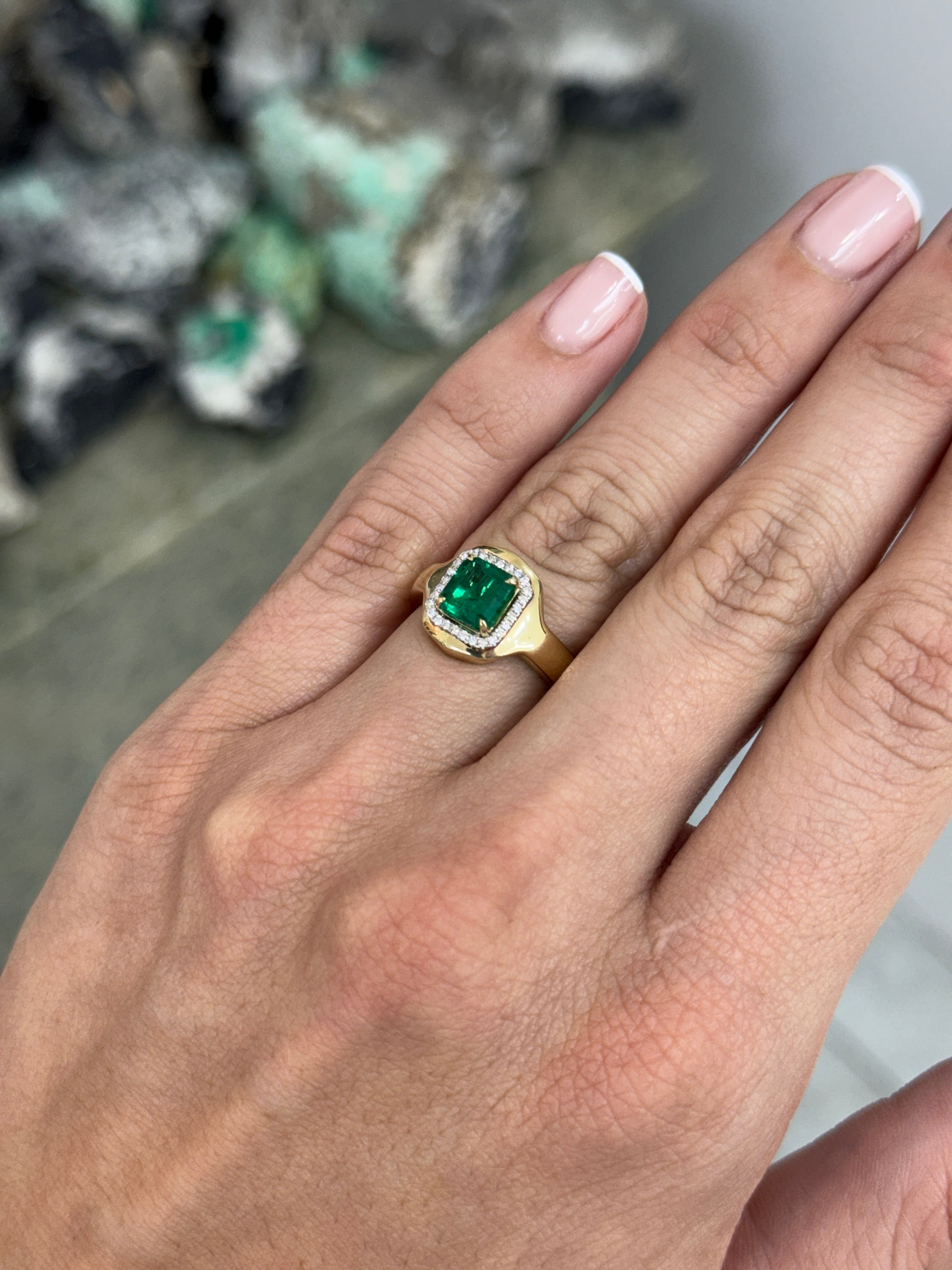 1.60tcw 14K Full Finger Coverage Asscher Cut Emerald & Diamond Halo Accent Statement Ring