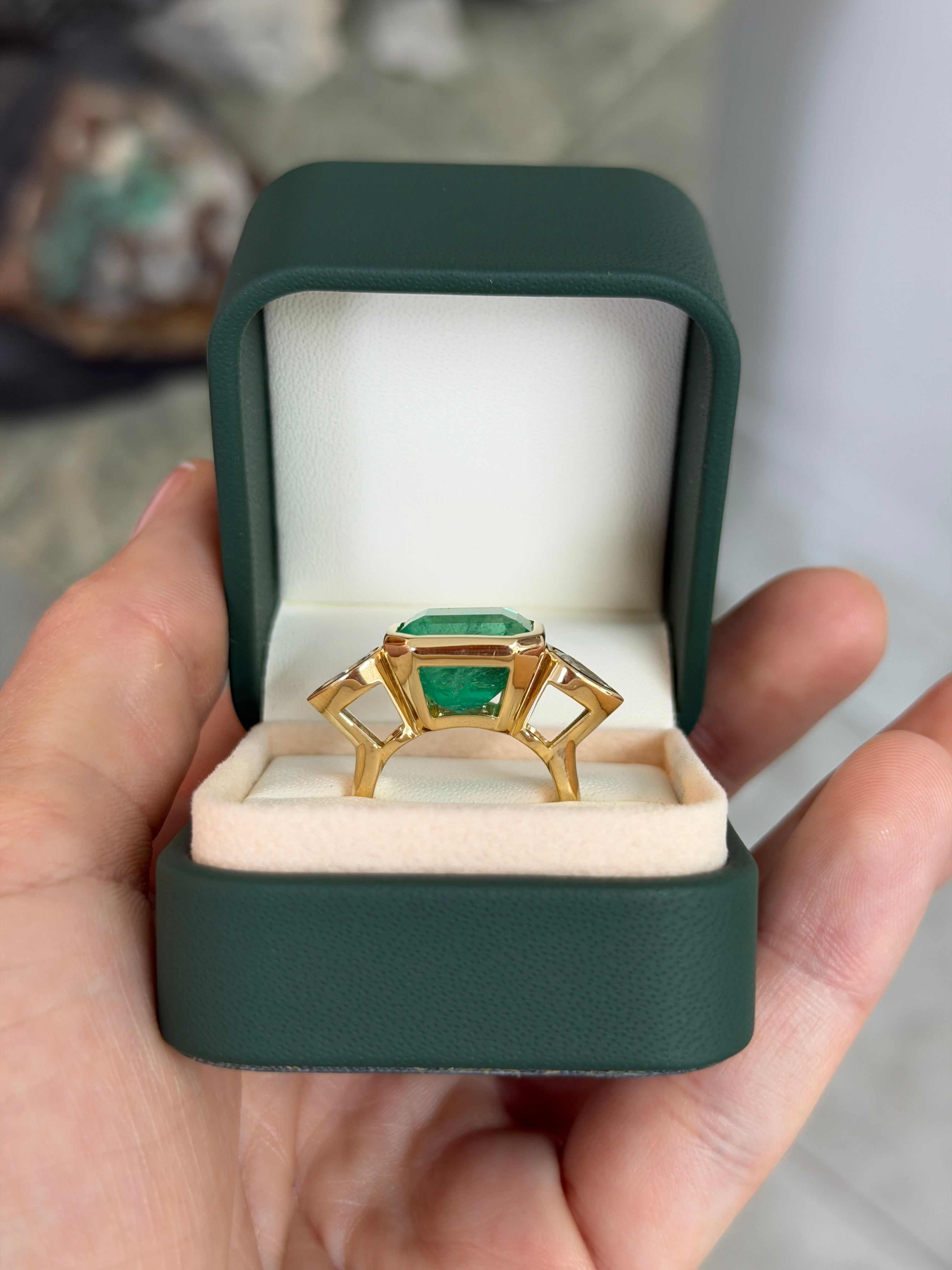 10.93tcw East to West Colombian Emerald & Pear Diamond Three Stone 18K