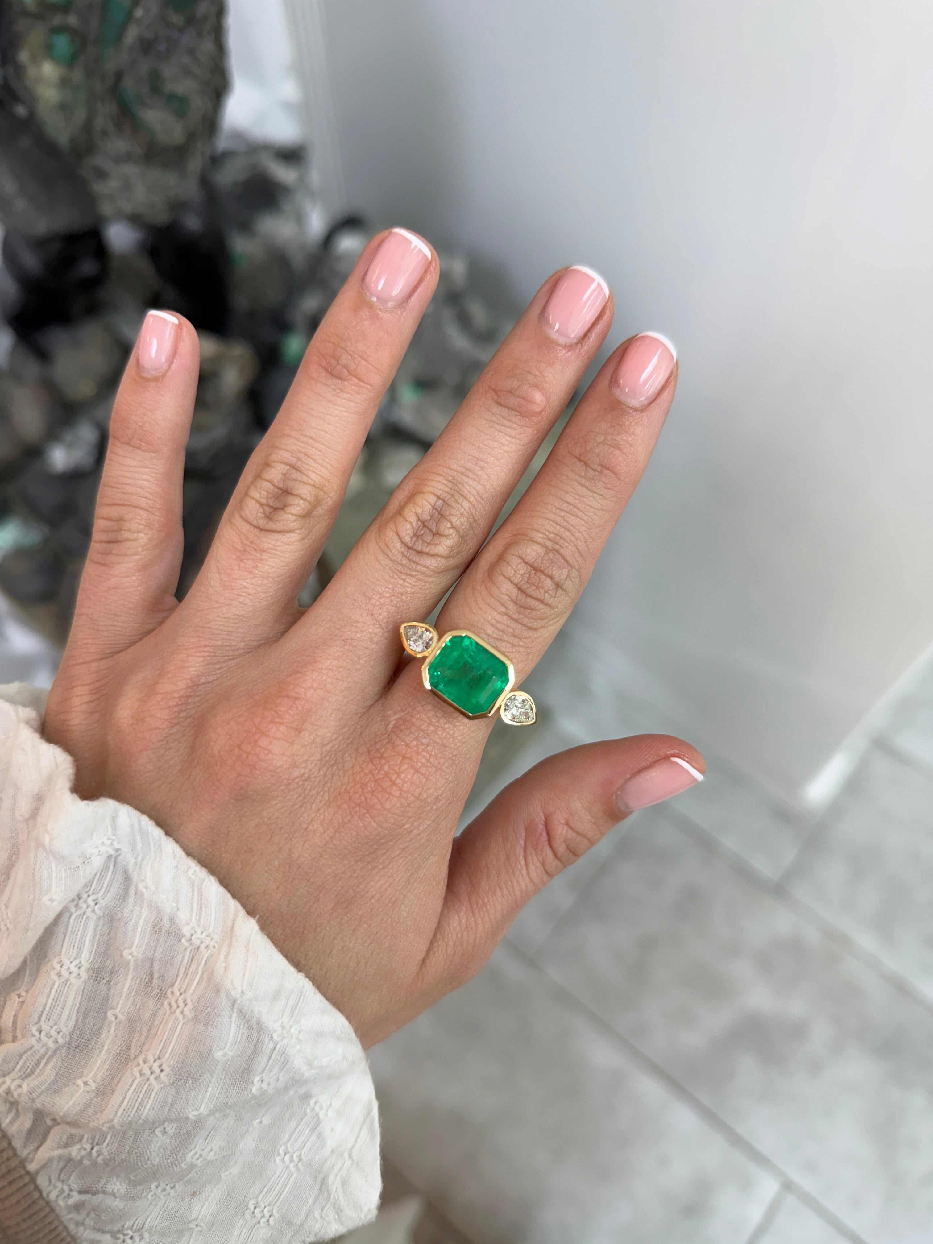 10.93tcw East to West Colombian Emerald & Pear Diamond Three Stone 18K - JR Colombian Emeralds