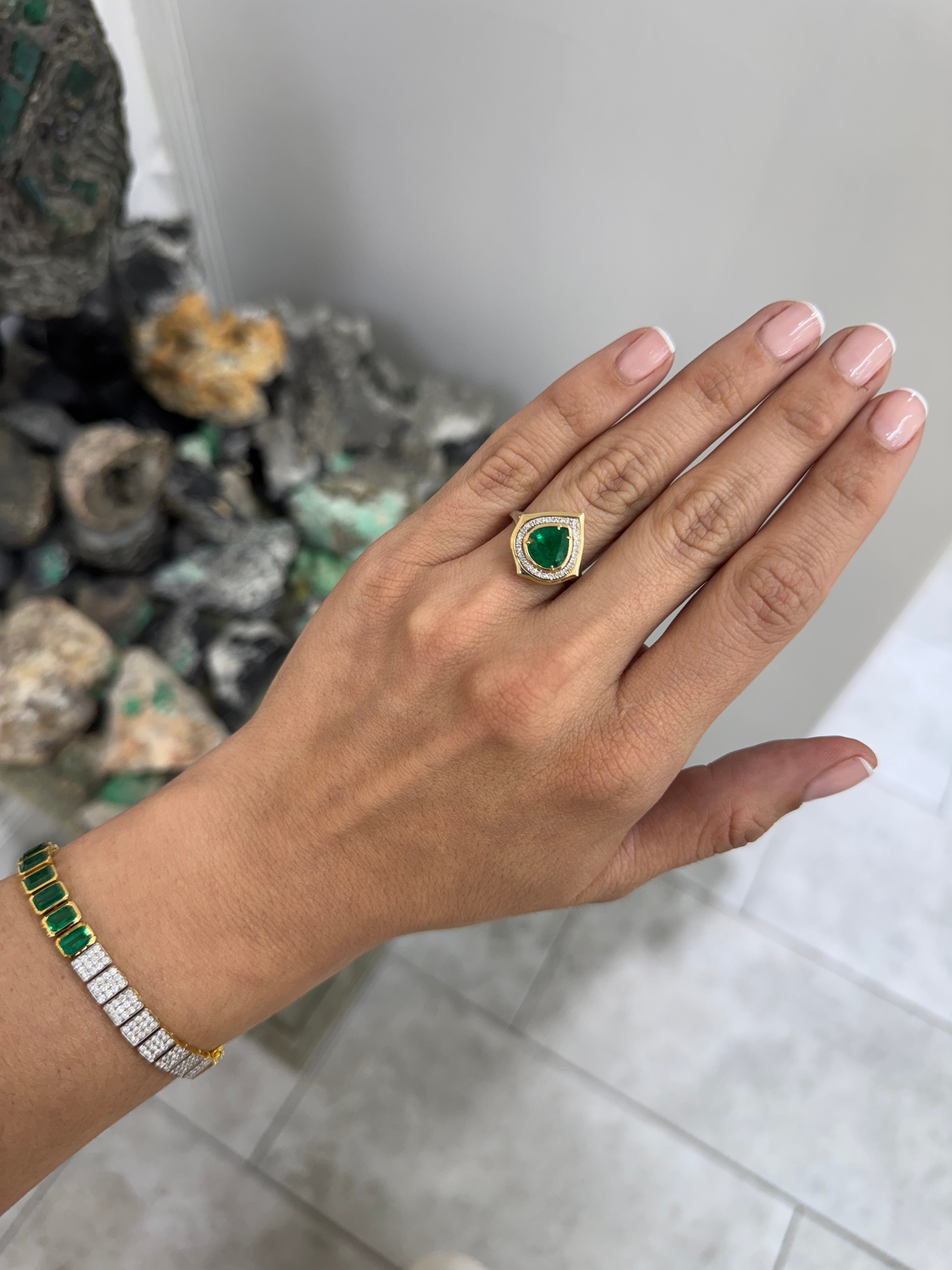 2.19tcw Chunky Natural Pear Emerald & Diamond Halo 14K & Platinum Split Shank Statement Ring