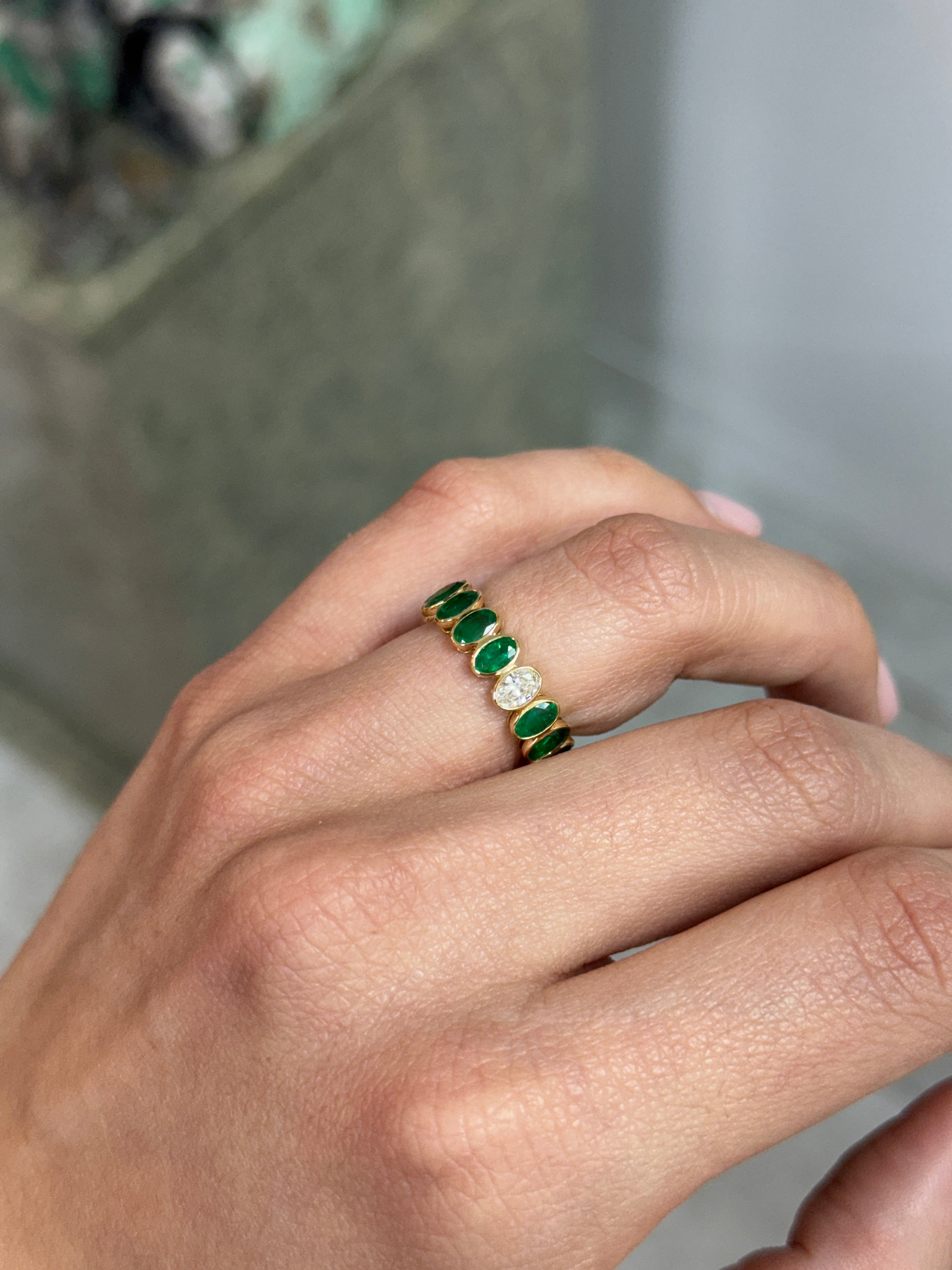 3.86tcw Bezel Set Oval Emerald & Diamond Eternity Band- 6.5